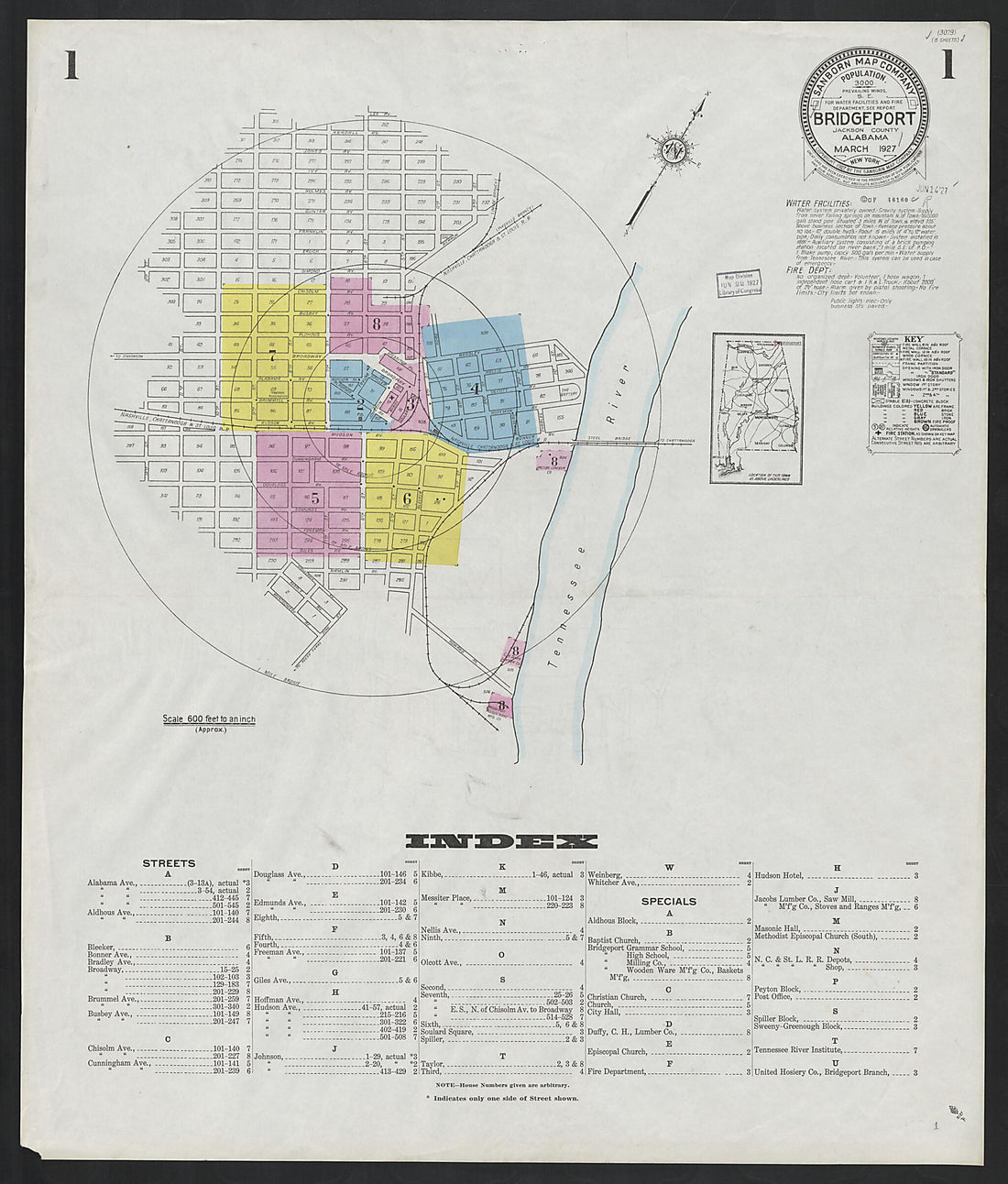 This old map of Bridgeport, Jackson County, Alabama was created by Sanborn Map Company in 1927