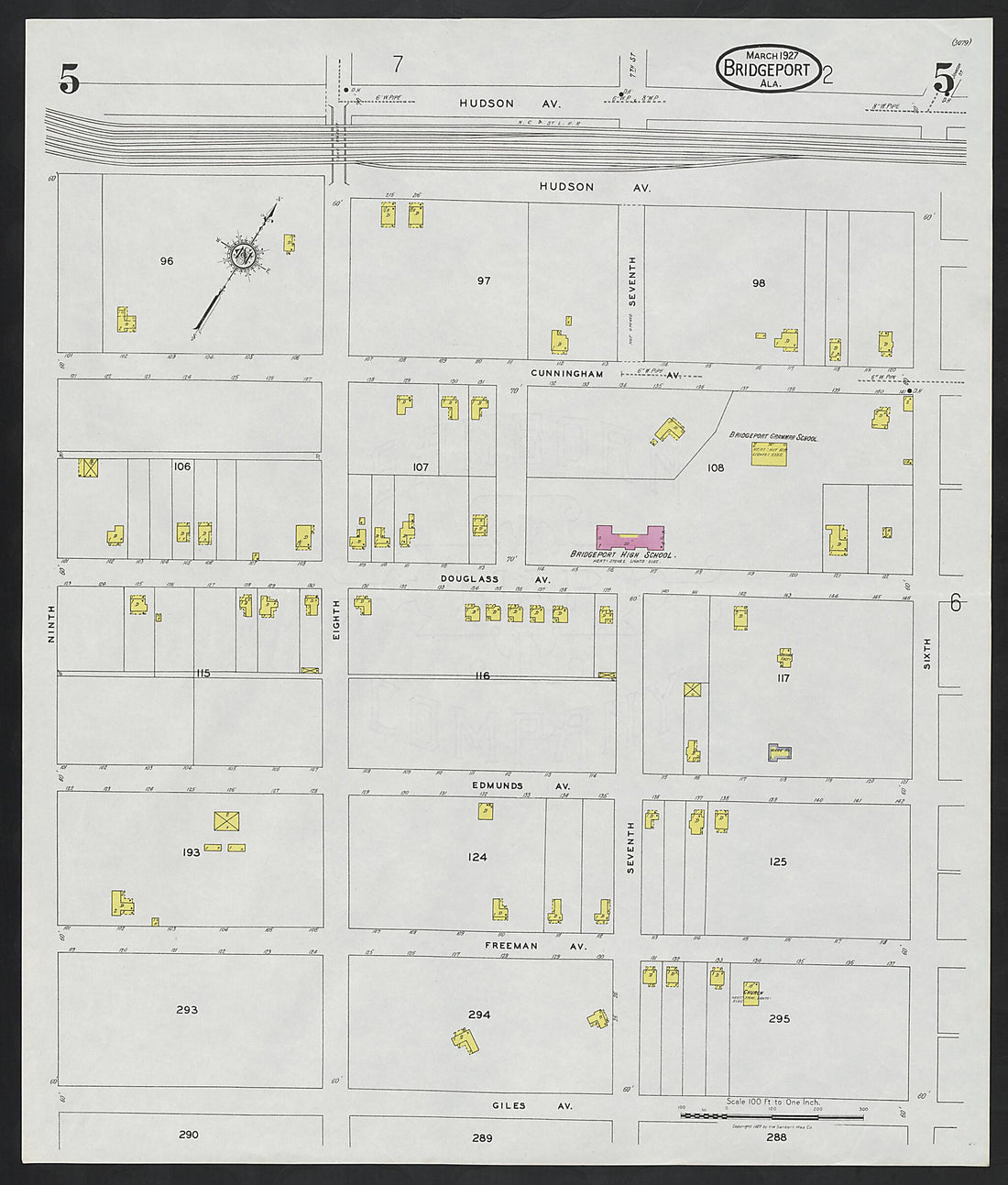 This old map of Bridgeport, Jackson County, Alabama was created by Sanborn Map Company in 1927