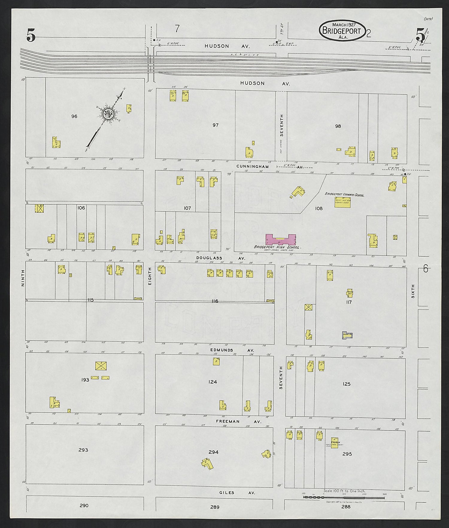 This old map of Bridgeport, Jackson County, Alabama was created by Sanborn Map Company in 1927