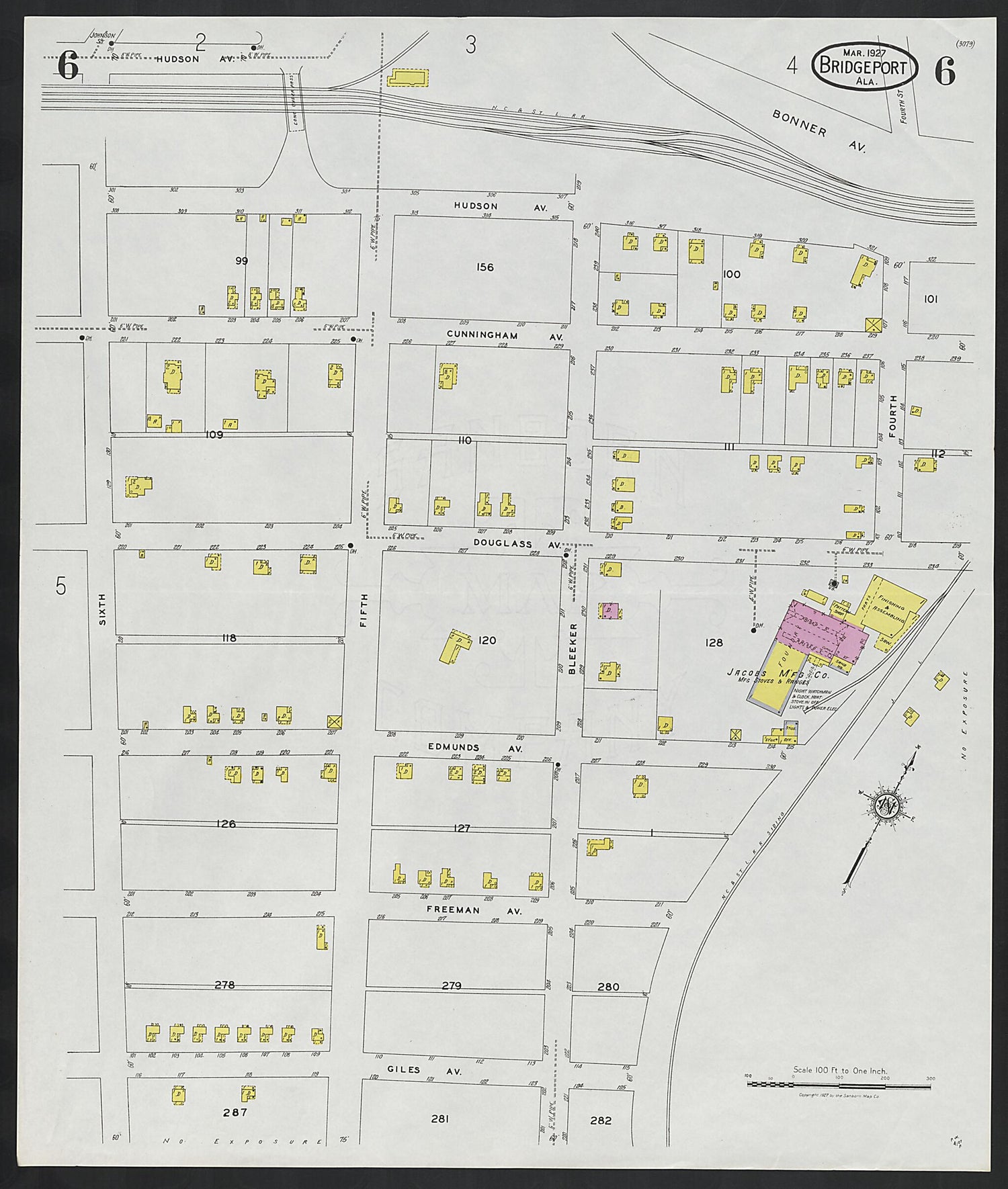 This old map of Bridgeport, Jackson County, Alabama was created by Sanborn Map Company in 1927