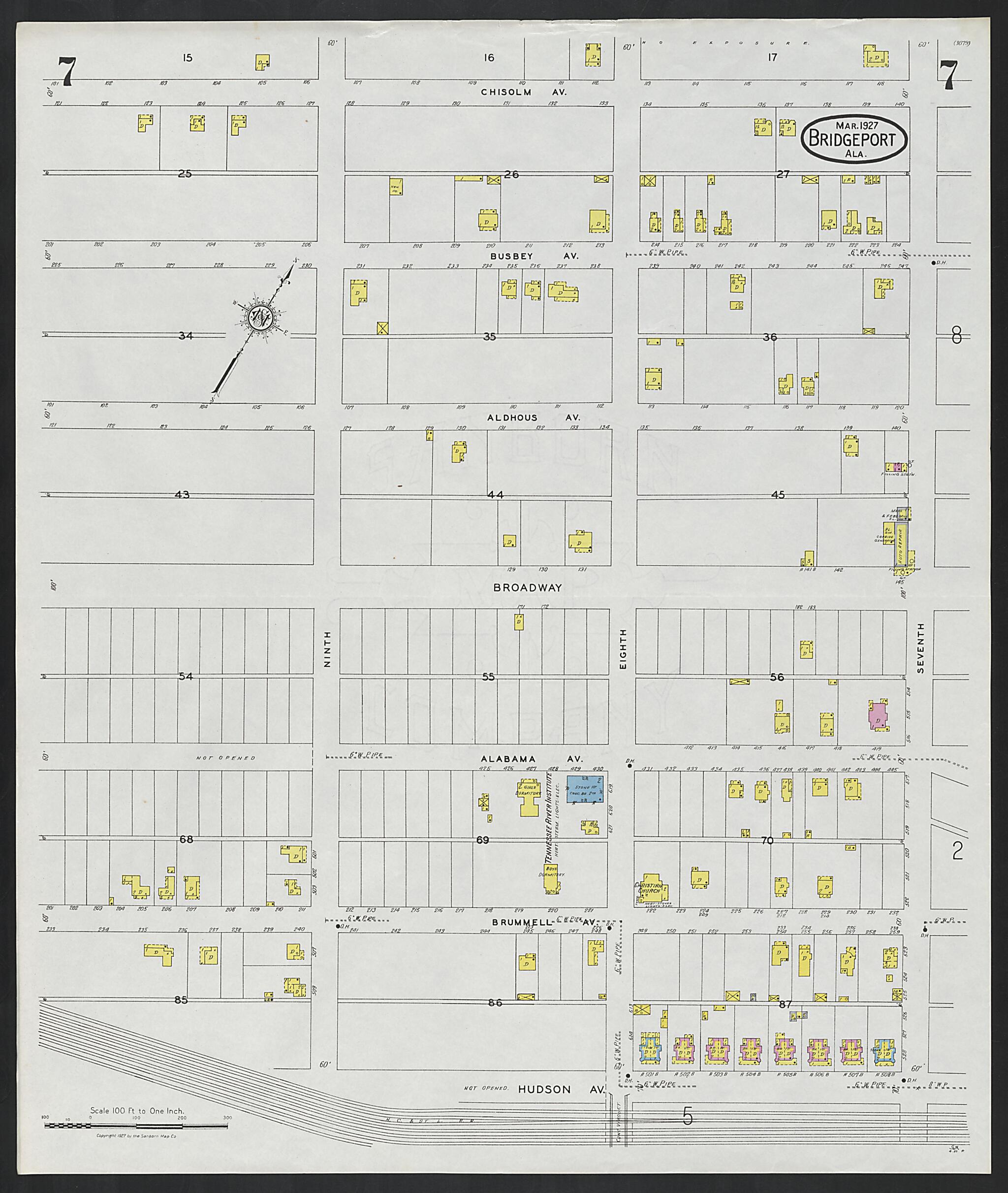 This old map of Bridgeport, Jackson County, Alabama was created by Sanborn Map Company in 1927