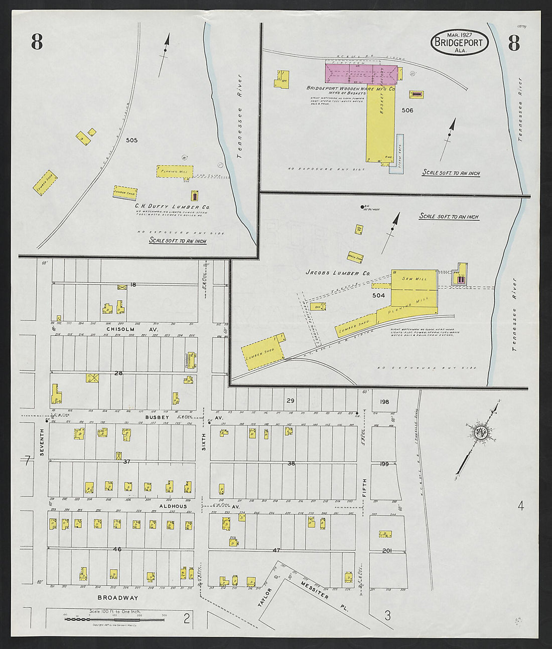 This old map of Bridgeport, Jackson County, Alabama was created by Sanborn Map Company in 1927