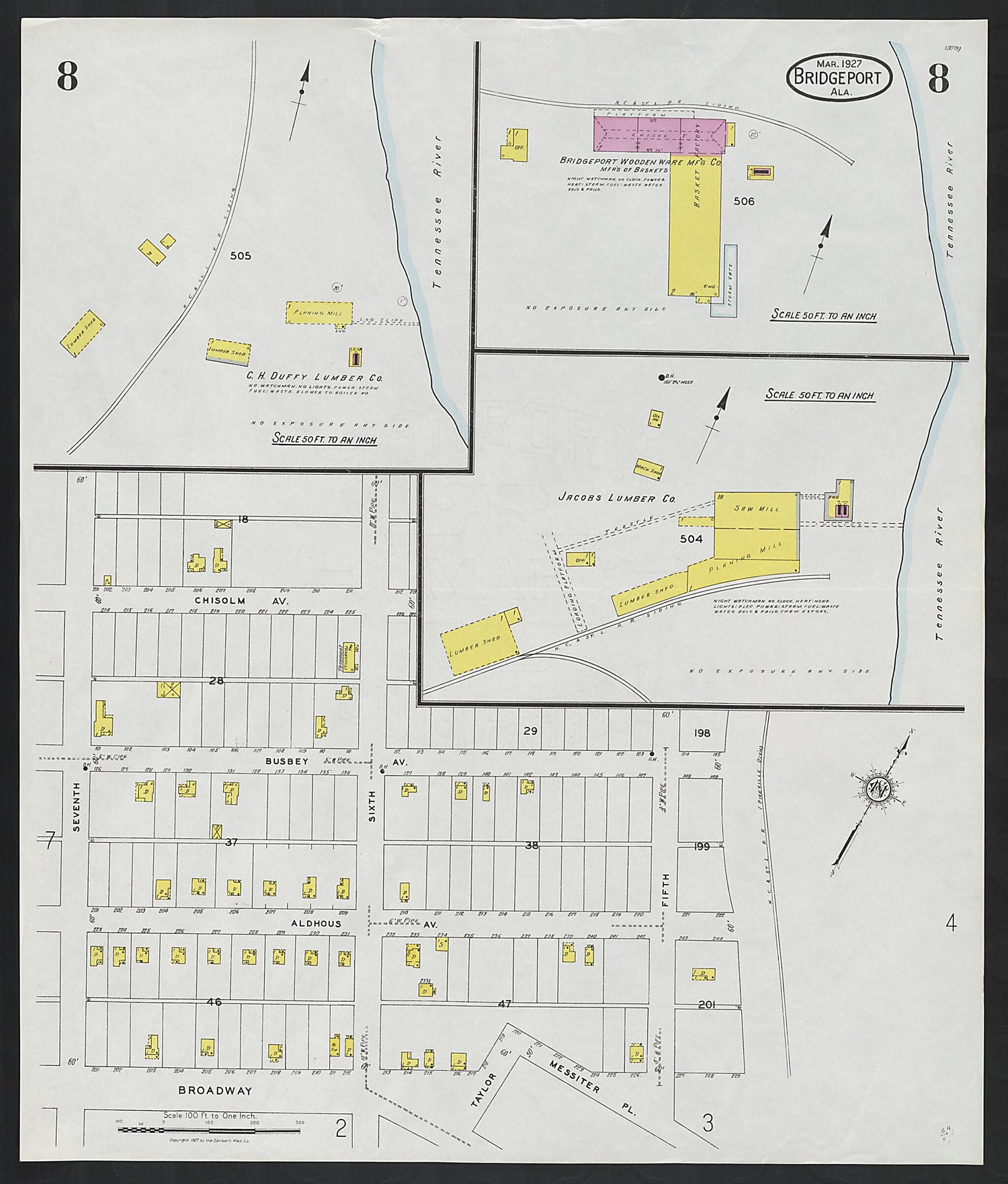 This old map of Bridgeport, Jackson County, Alabama was created by Sanborn Map Company in 1927