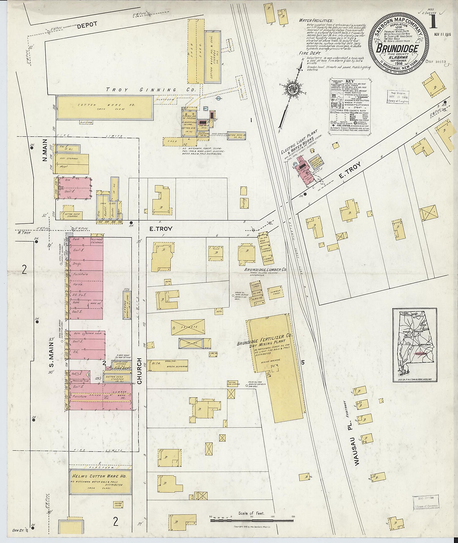 This old map of Brundidge, Pike County, Alabama was created by Sanborn Map Company in 1916