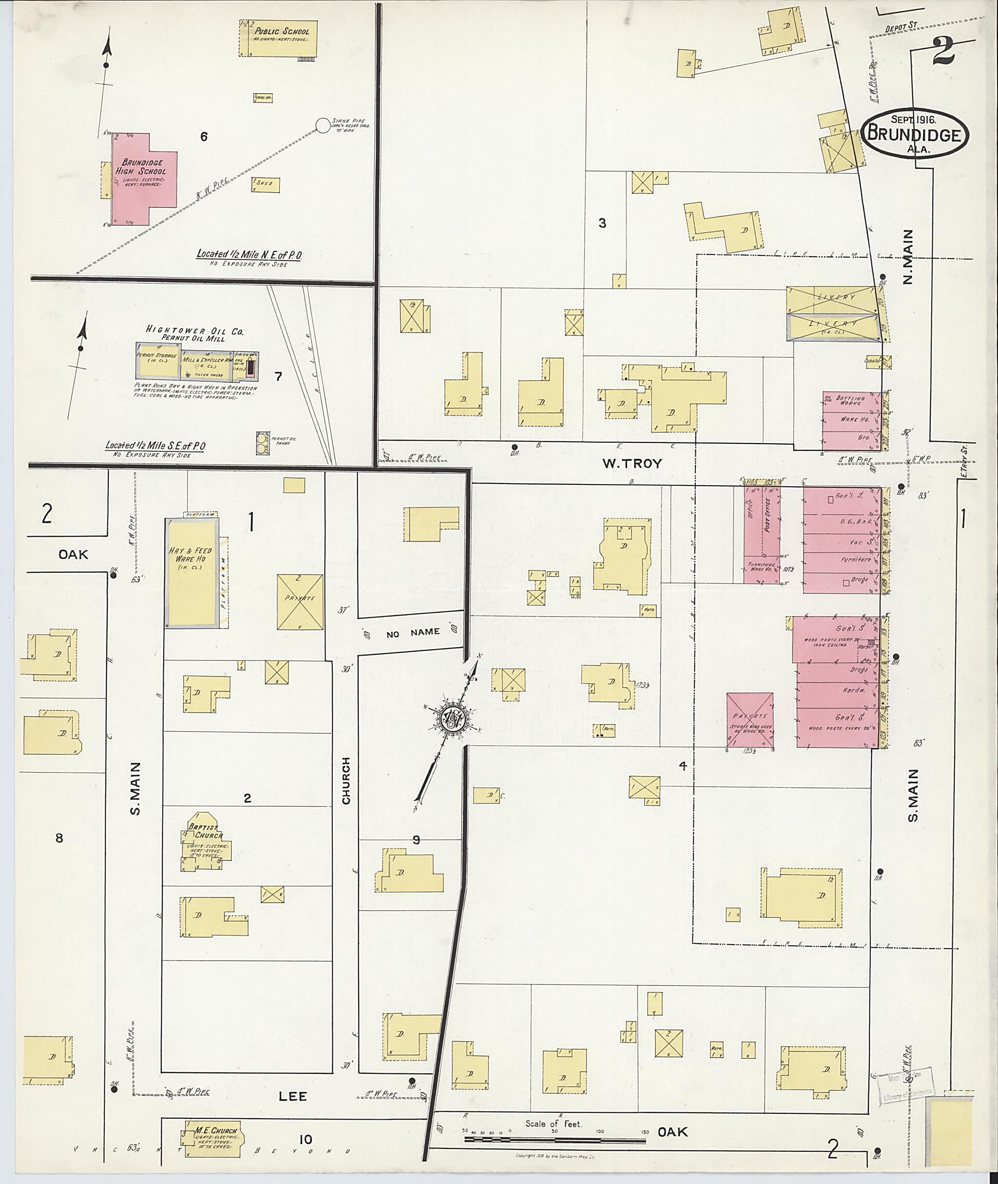 This old map of Brundidge, Pike County, Alabama was created by Sanborn Map Company in 1916