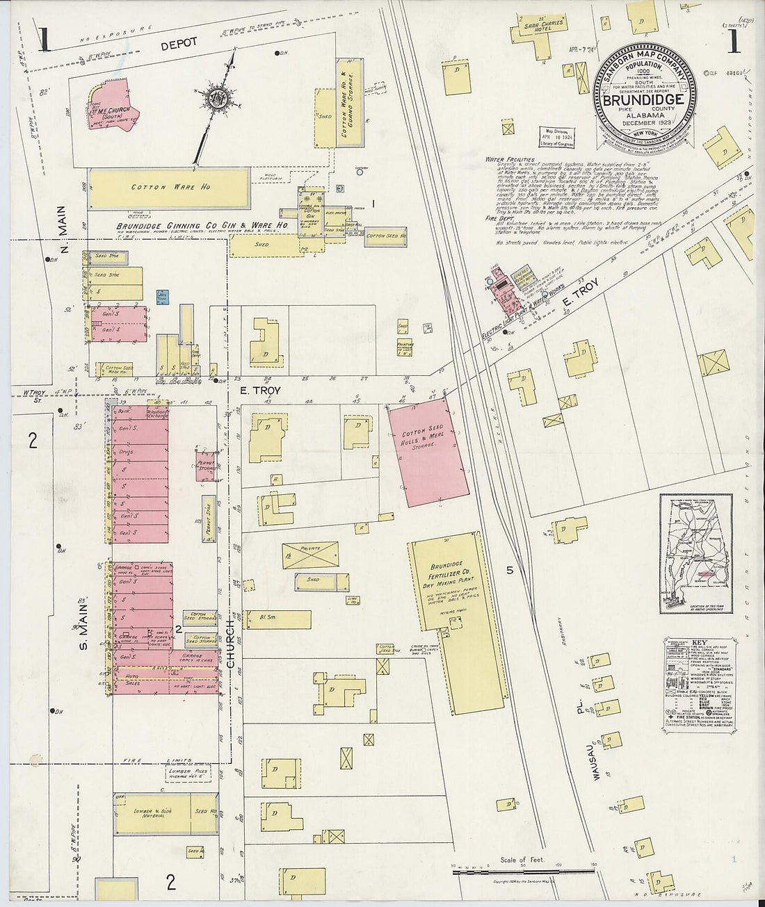 This old map of Brundidge, Pike County, Alabama was created by Sanborn Map Company in 1923