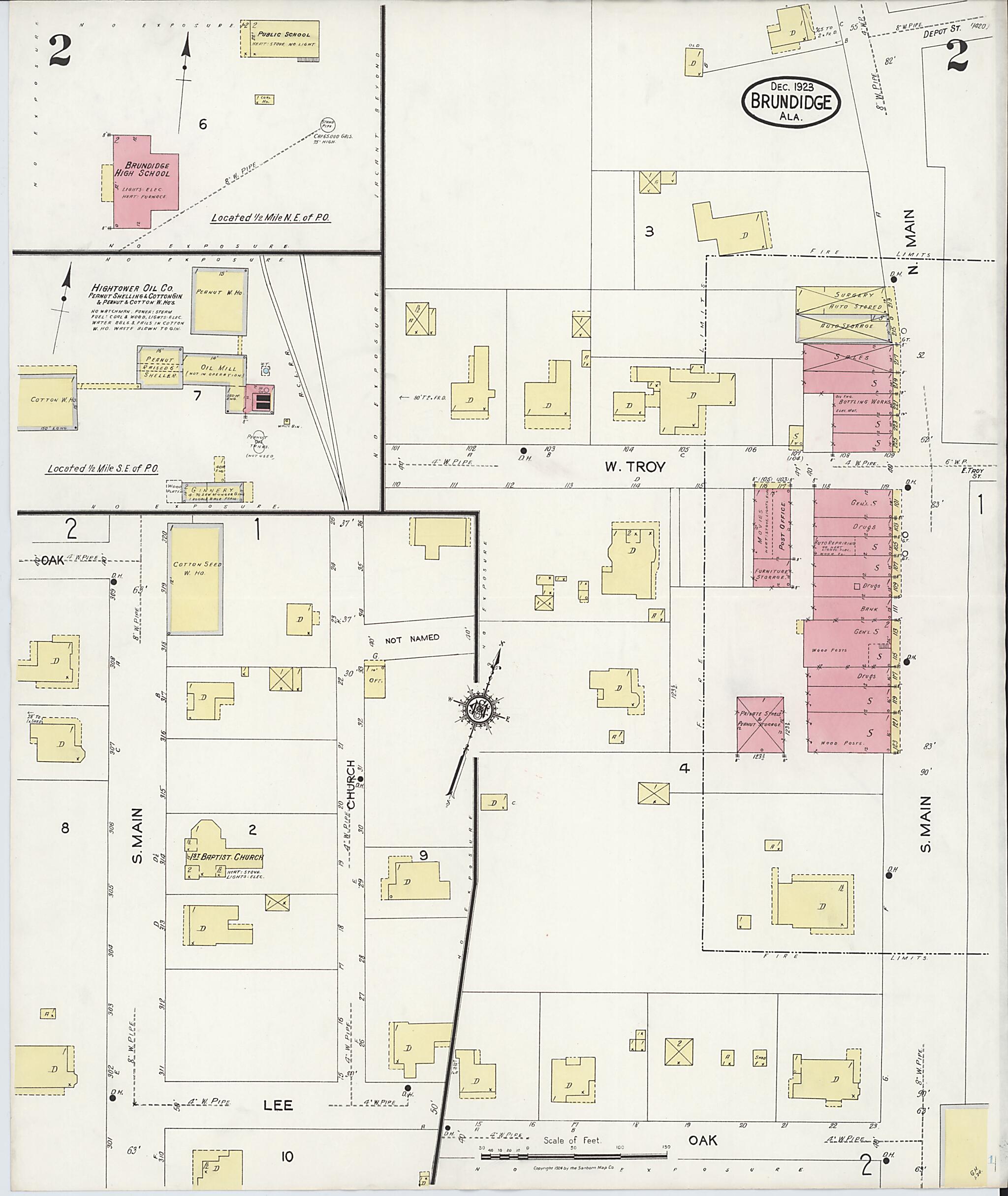 This old map of Brundidge, Pike County, Alabama was created by Sanborn Map Company in 1923