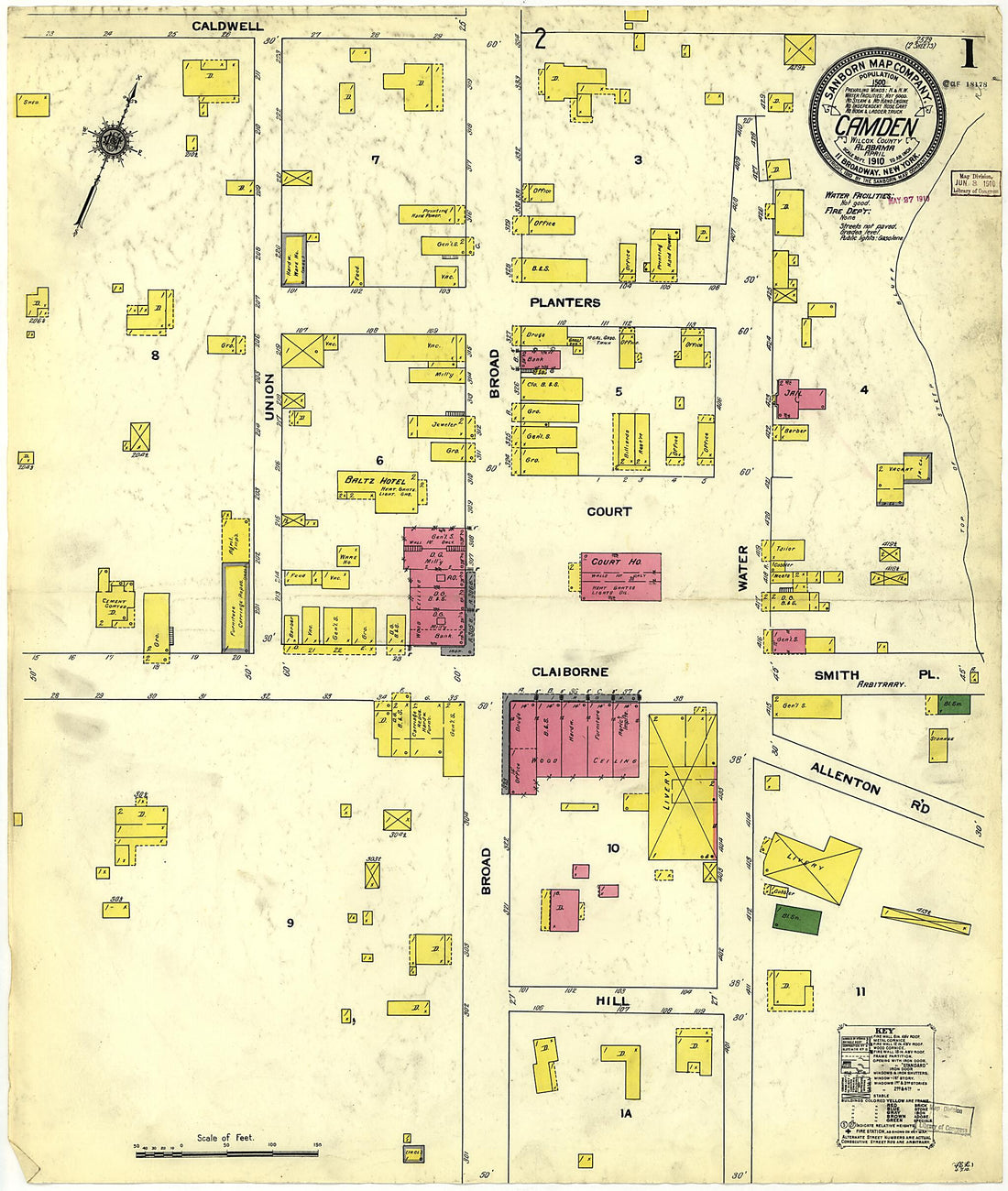 This old map of Camden, Wilcox County, Alabama was created by Sanborn Map Company in 1910