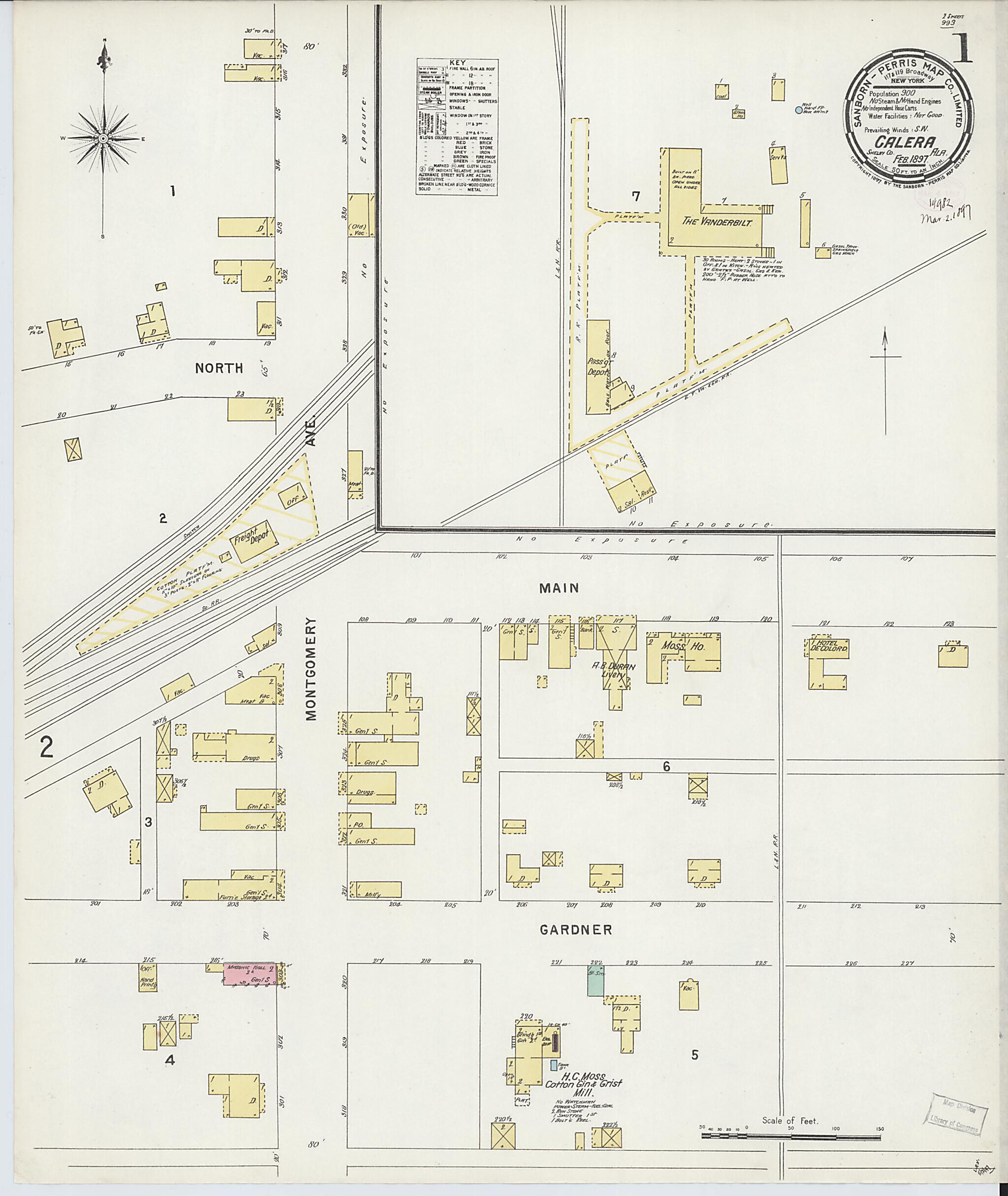 This old map of Calera, Shelby County, Alabama was created by Sanborn Map Company in 1897