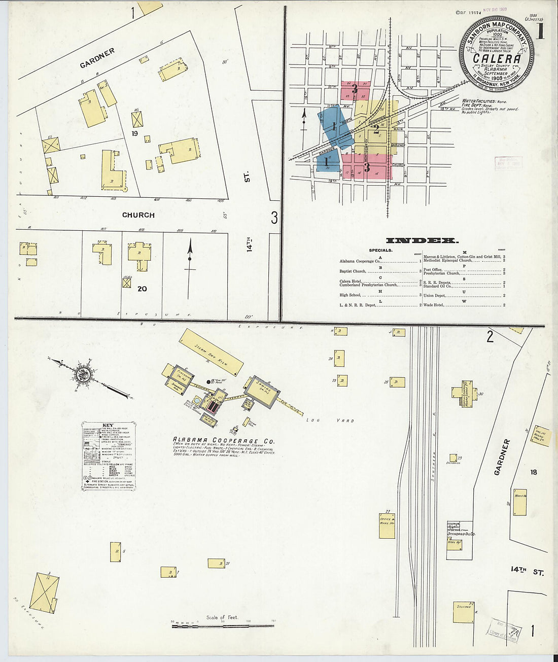 This old map of Calera, Shelby County, Alabama was created by Sanborn Map Company in 1909