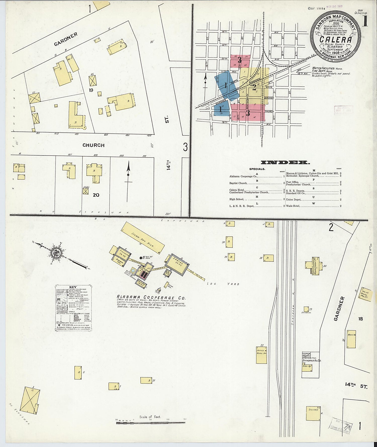 This old map of Calera, Shelby County, Alabama was created by Sanborn Map Company in 1909