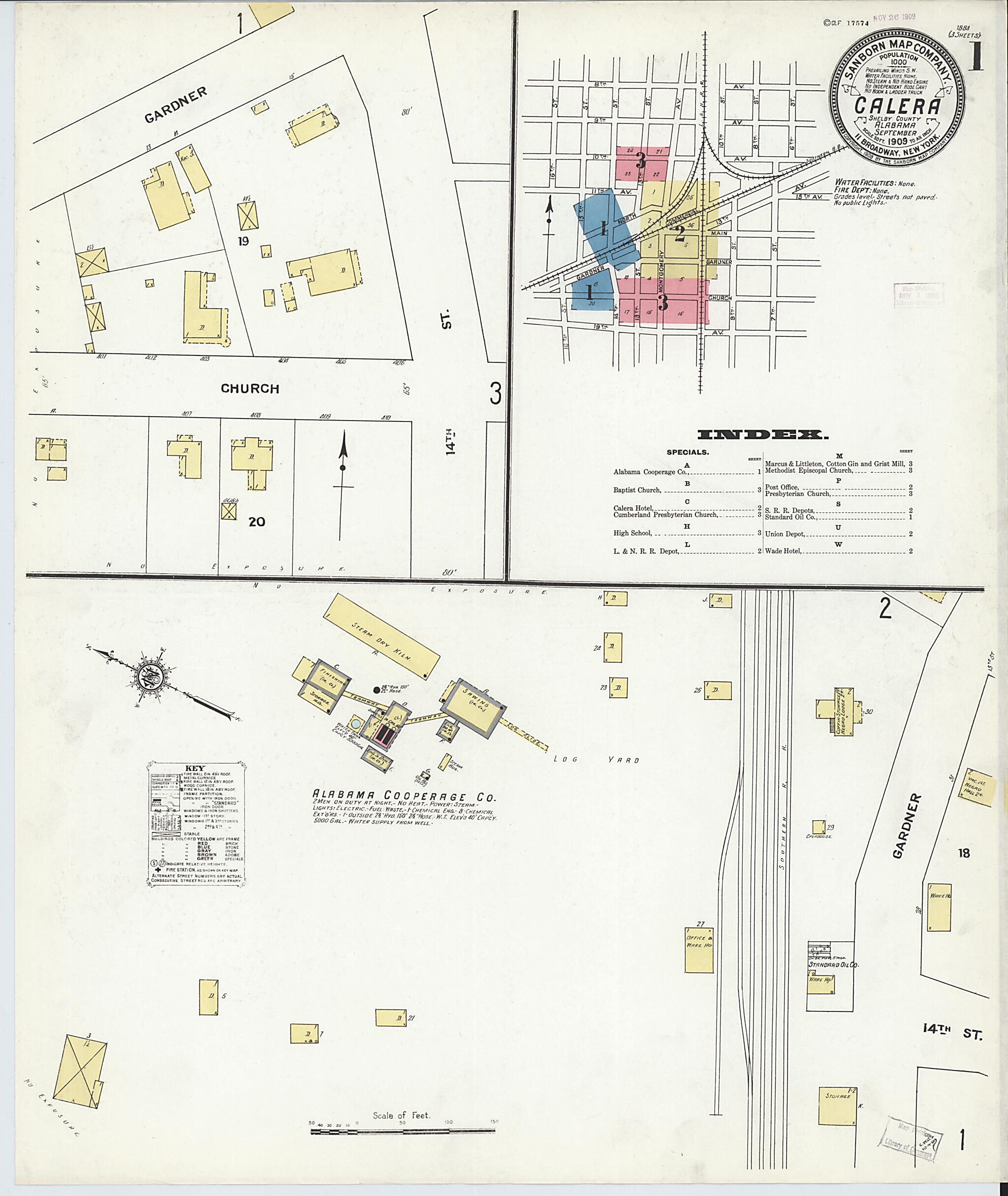 This old map of Calera, Shelby County, Alabama was created by Sanborn Map Company in 1909