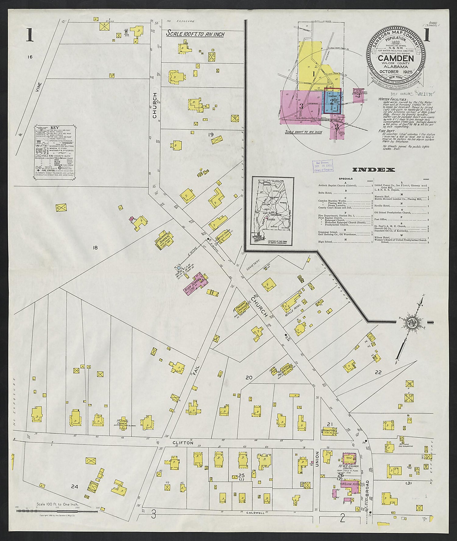 This old map of Camden, Wilcox County, Alabama was created by Sanborn Map Company in 1925