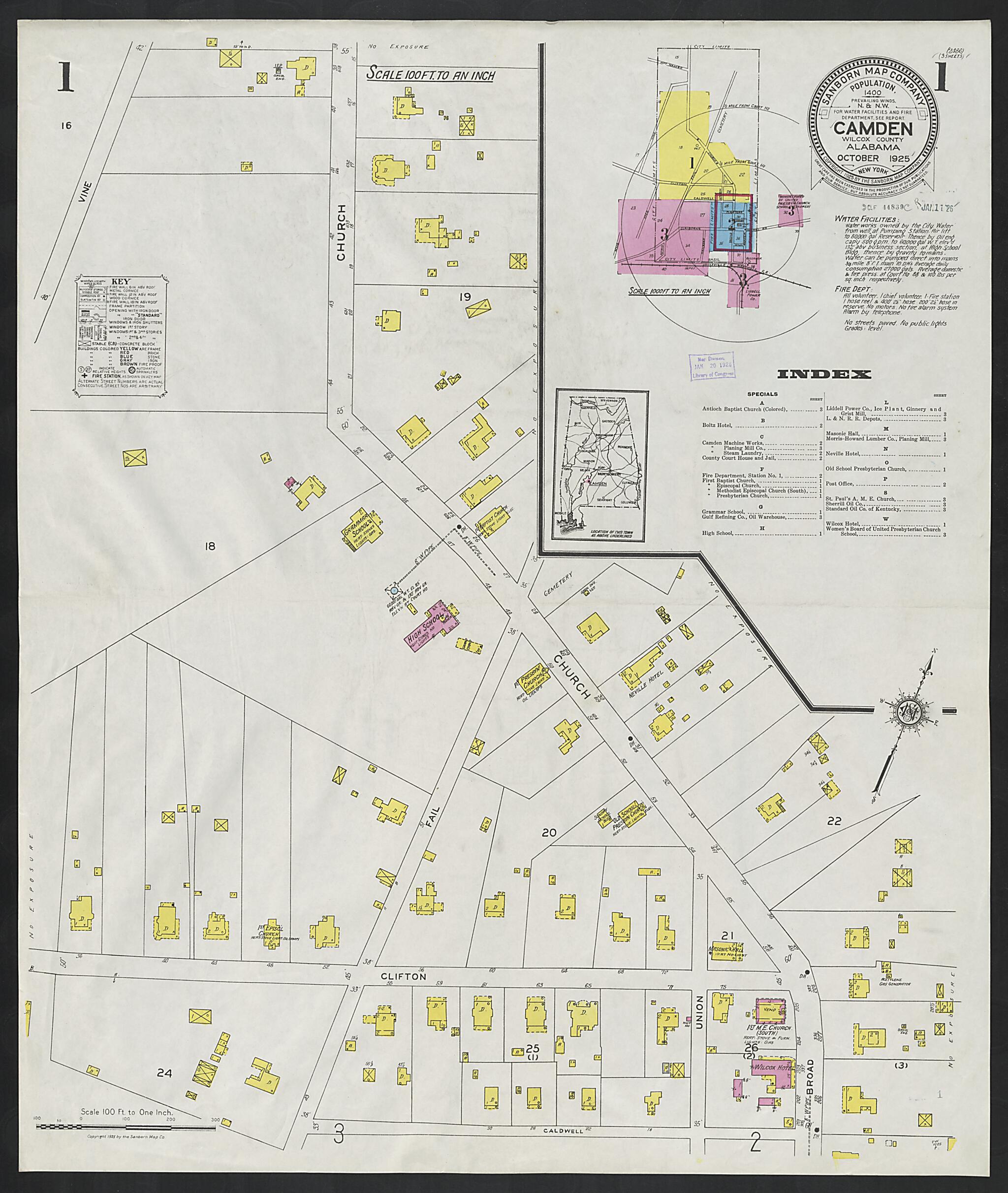 This old map of Camden, Wilcox County, Alabama was created by Sanborn Map Company in 1925