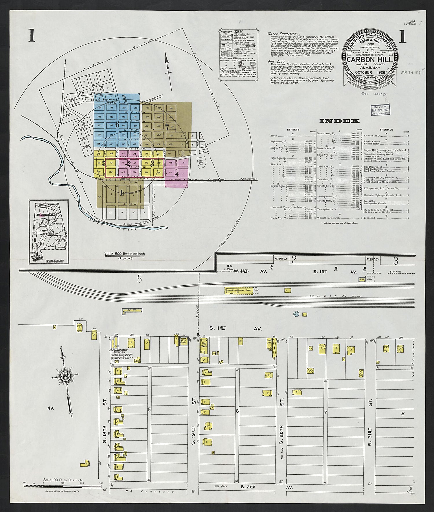 This old map of Carbon Hill, Valher County, Alabama was created by Sanborn Map Company in 1926