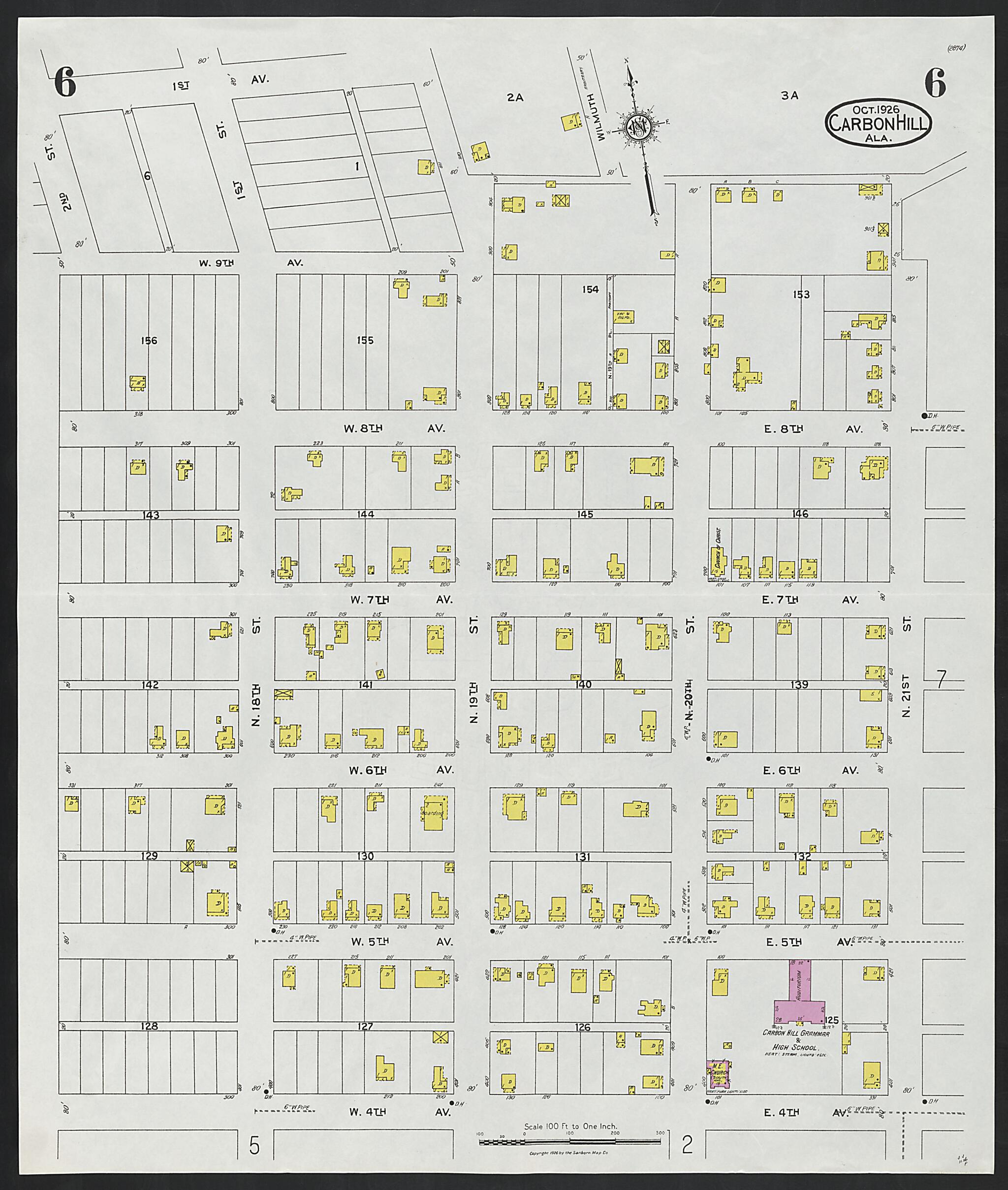 This old map of Carbon Hill, Valher County, Alabama was created by Sanborn Map Company in 1926