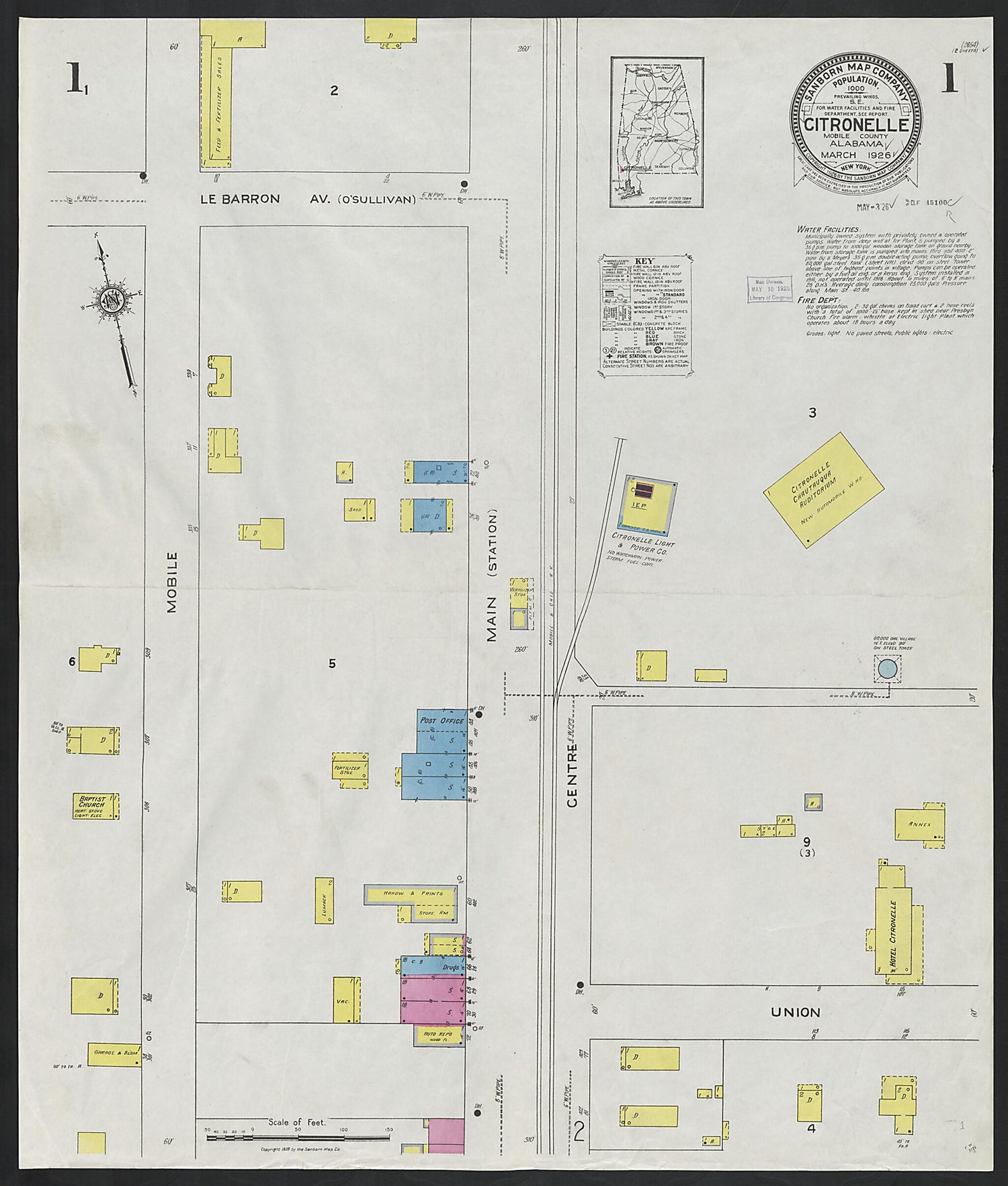 This old map of Citronelle, Mobile County, Alabama was created by Sanborn Map Company in 1926