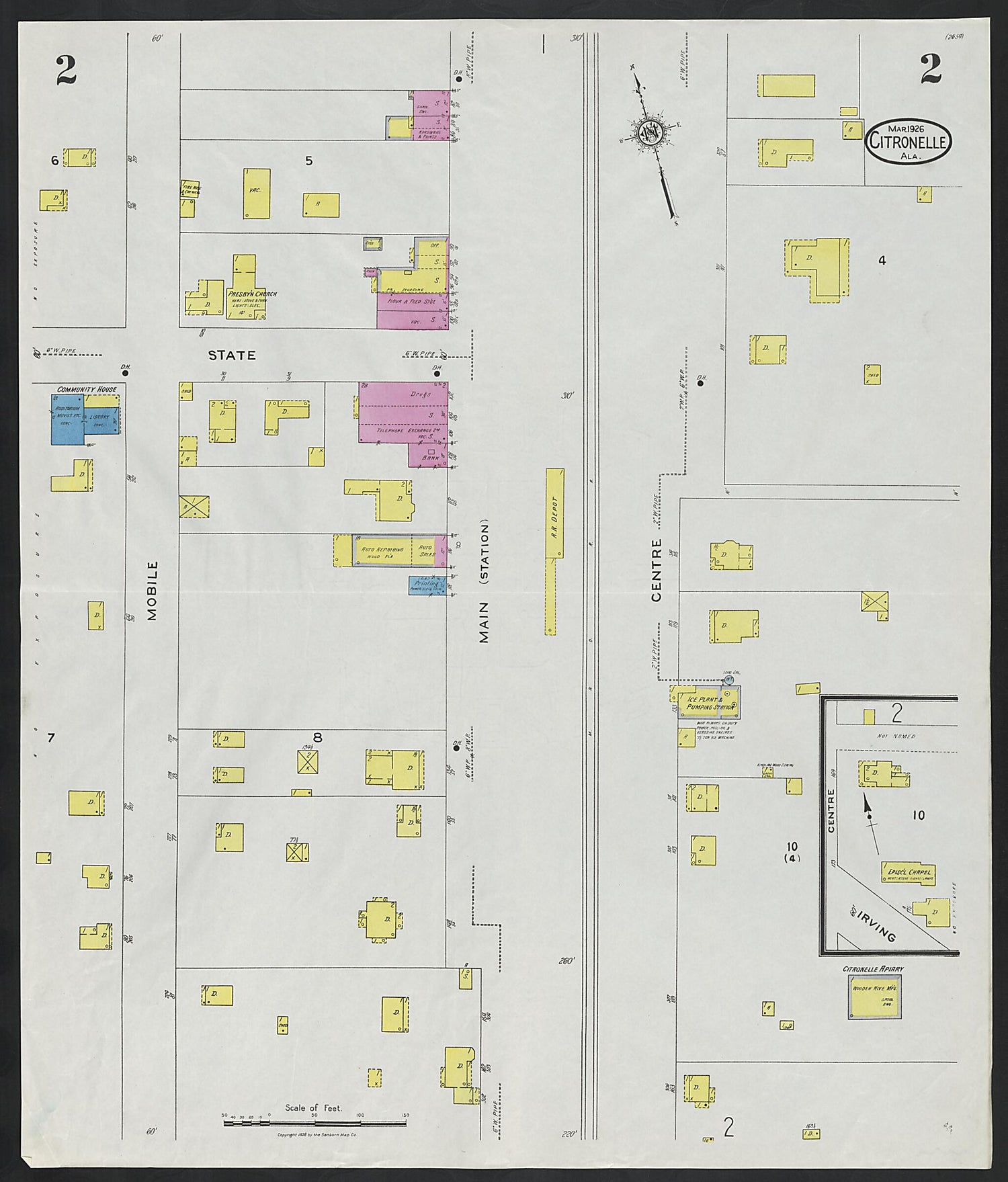 This old map of Citronelle, Mobile County, Alabama was created by Sanborn Map Company in 1926