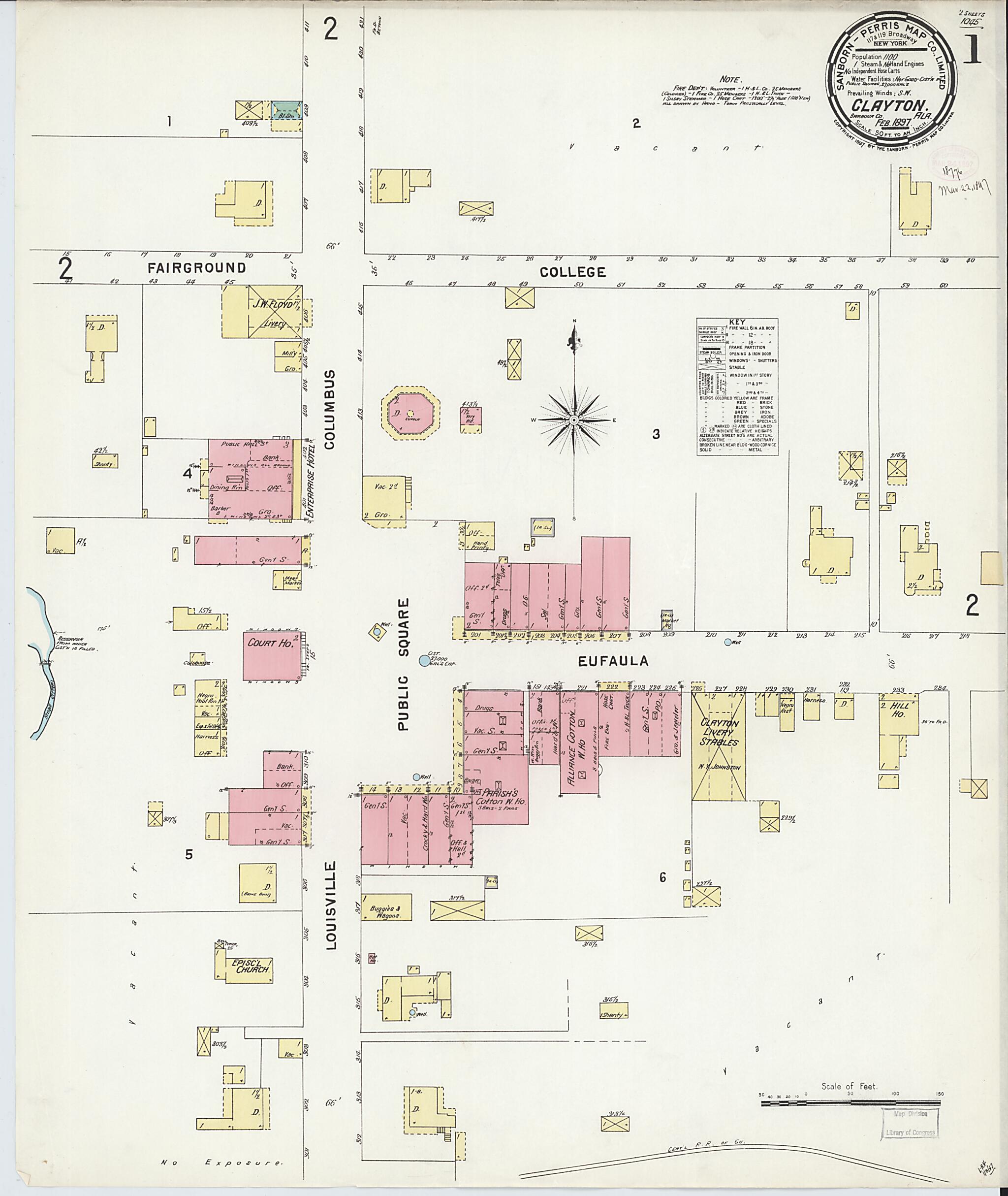 This old map of Clayton, Barbour County, Alabama was created by Sanborn Map Company in 1897