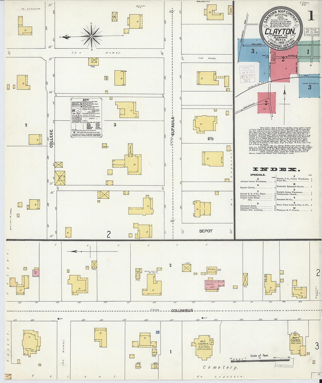 This old map of Clayton, Barbour County, Alabama was created by Sanborn Map Company in 1903