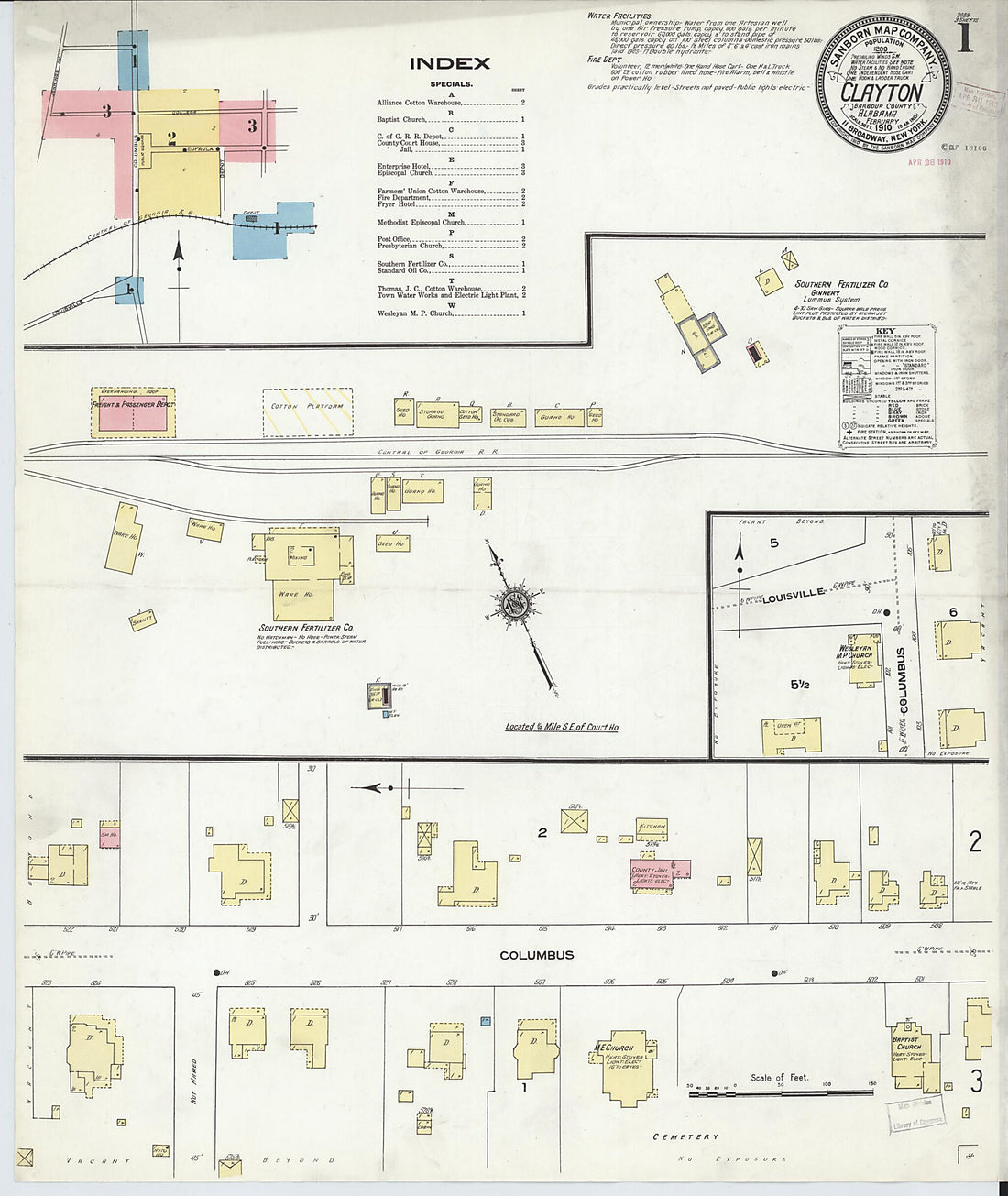 This old map of Clayton, Barbour County, Alabama was created by Sanborn Map Company in 1910