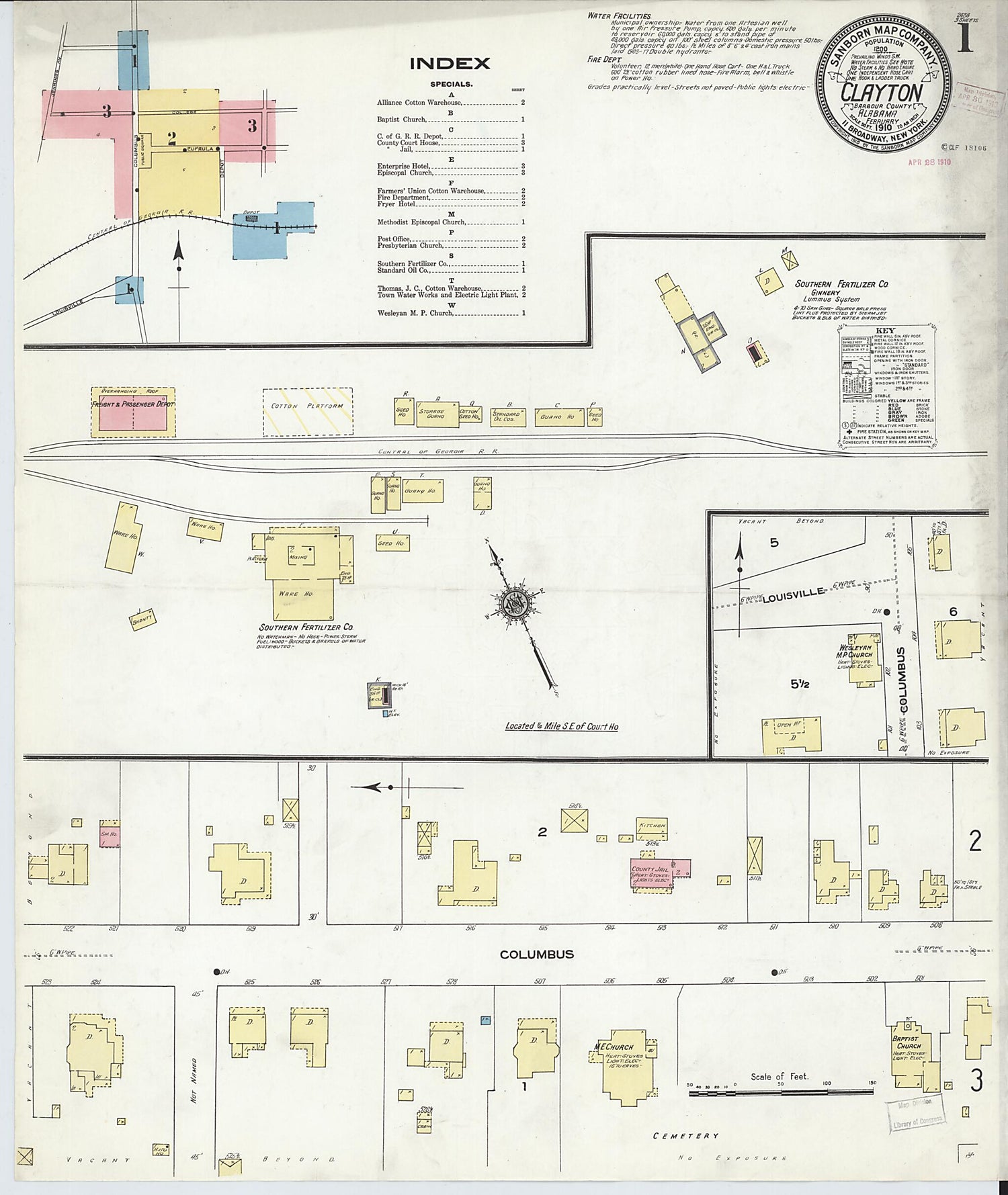 This old map of Clayton, Barbour County, Alabama was created by Sanborn Map Company in 1910