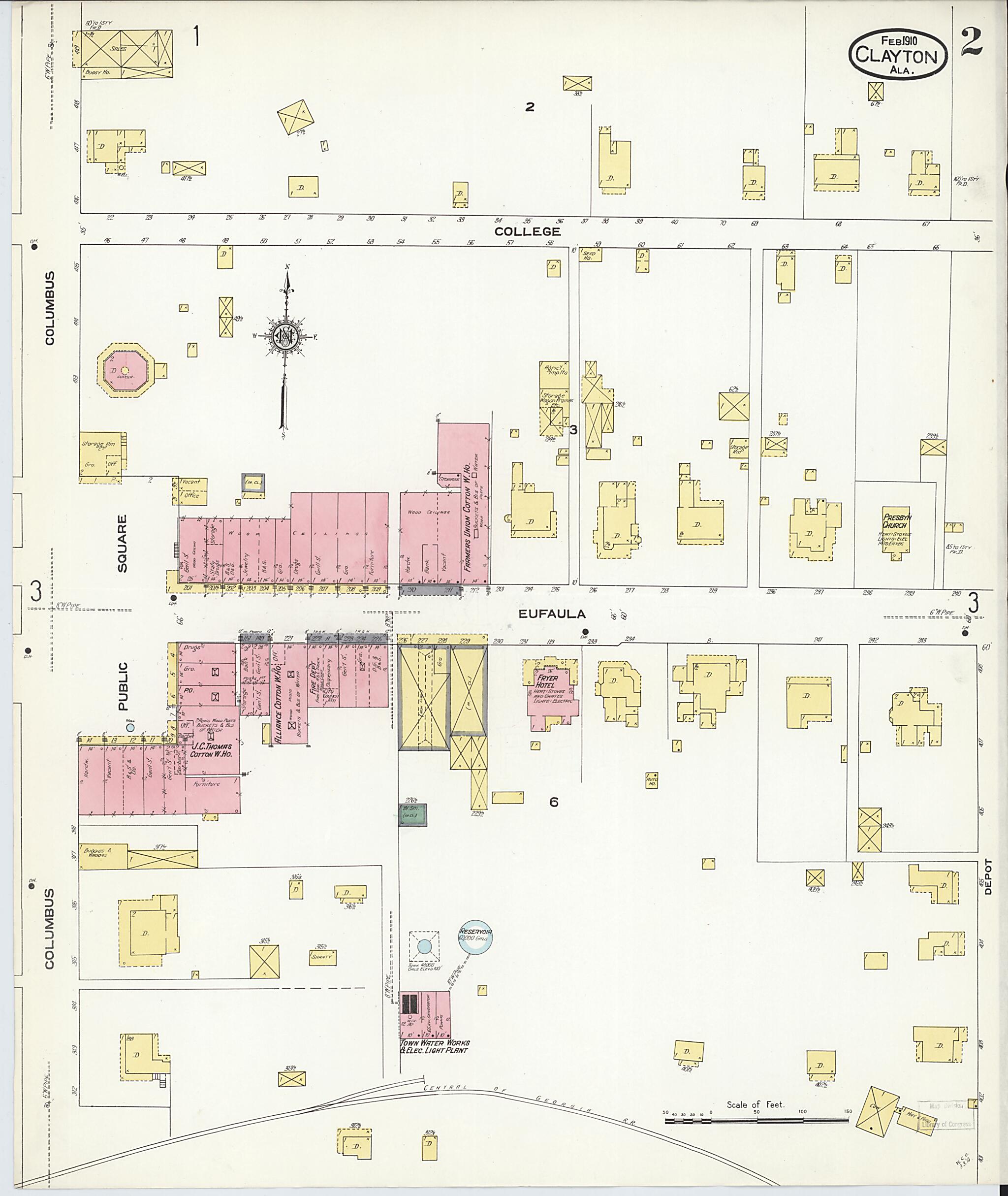 This old map of Clayton, Barbour County, Alabama was created by Sanborn Map Company in 1910