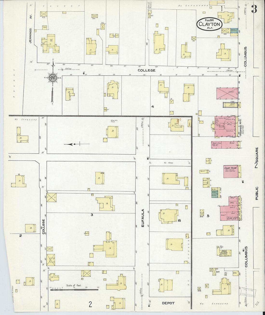 This old map of Clayton, Barbour County, Alabama was created by Sanborn Map Company in 1910