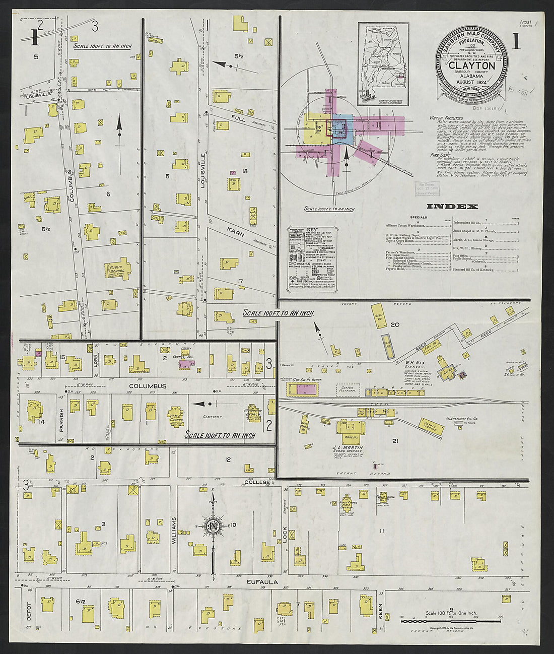 This old map of Clayton, Barbour County, Alabama was created by Sanborn Map Company in 1924