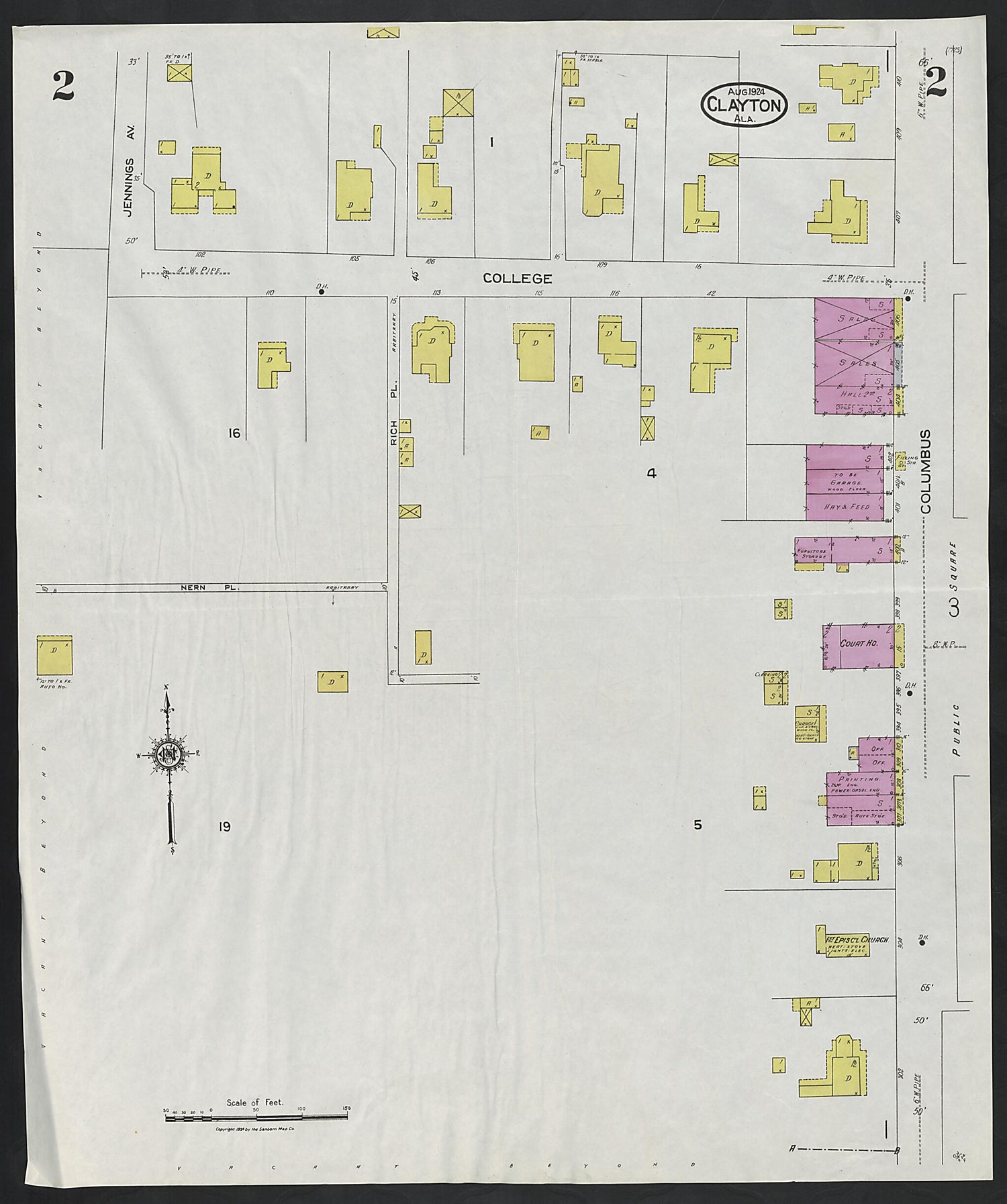 This old map of Clayton, Barbour County, Alabama was created by Sanborn Map Company in 1924