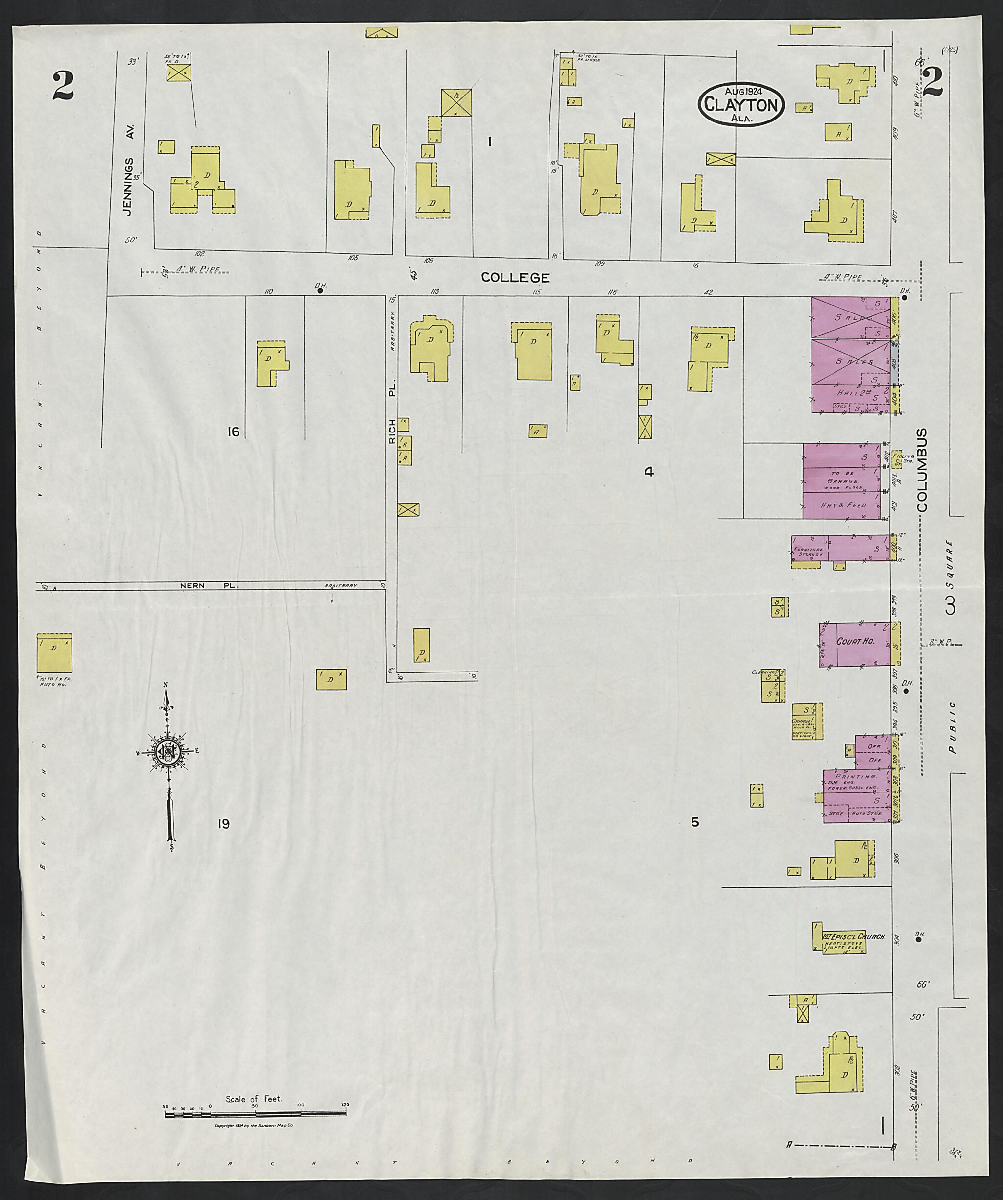 This old map of Clayton, Barbour County, Alabama was created by Sanborn Map Company in 1924