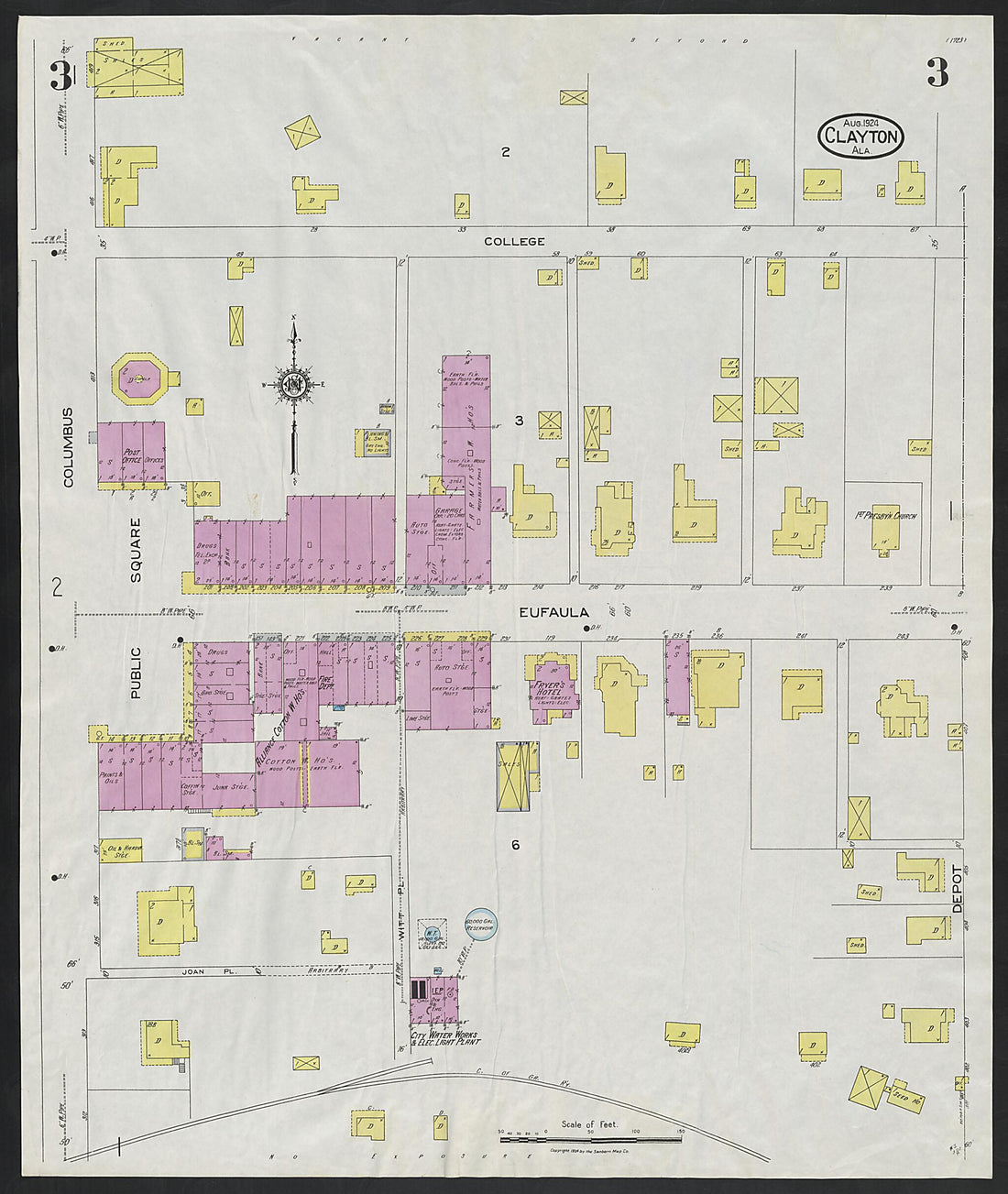 This old map of Clayton, Barbour County, Alabama was created by Sanborn Map Company in 1924