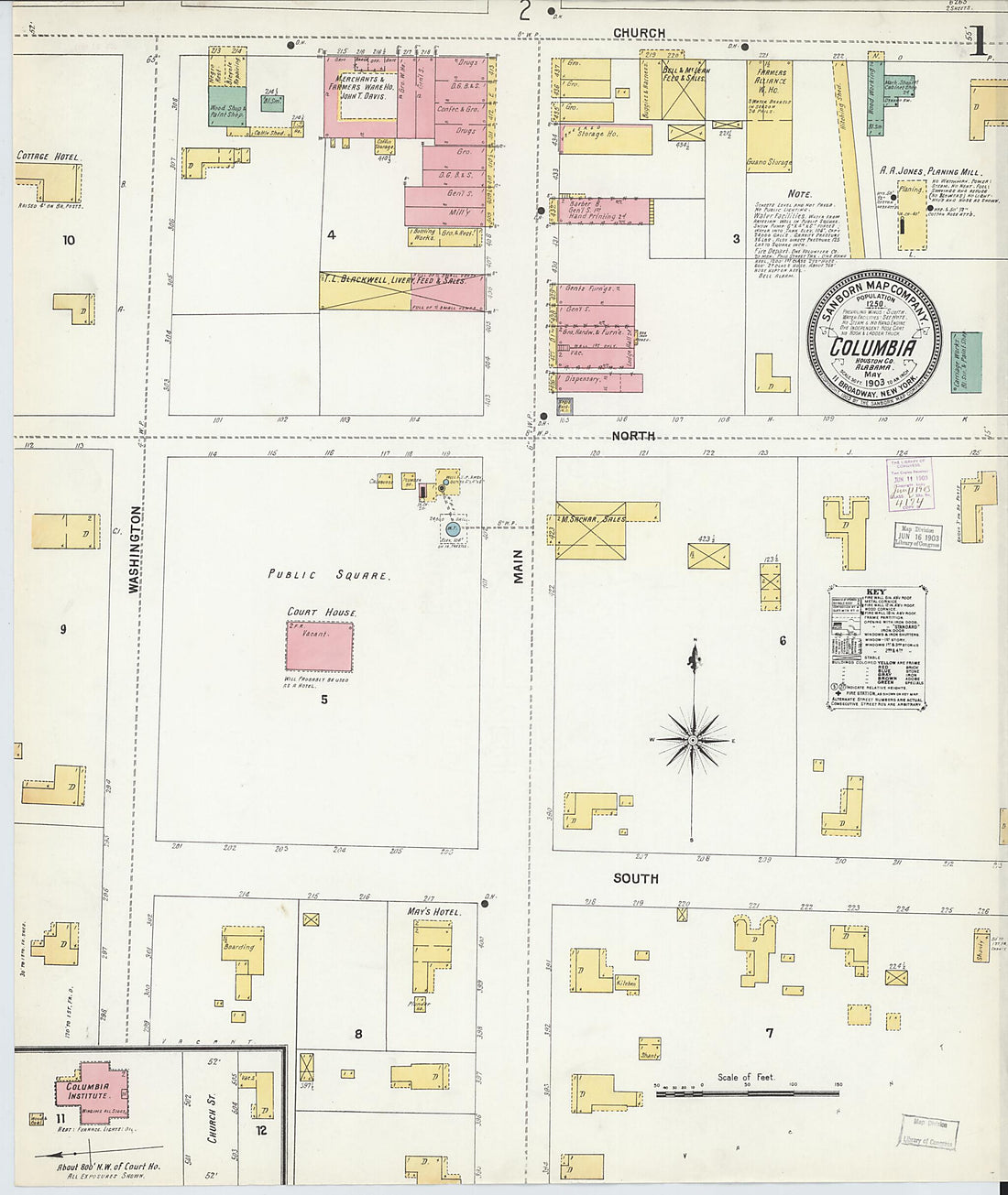 This old map of Columbia, Houston County, Alabama was created by Sanborn Map Company in 1903