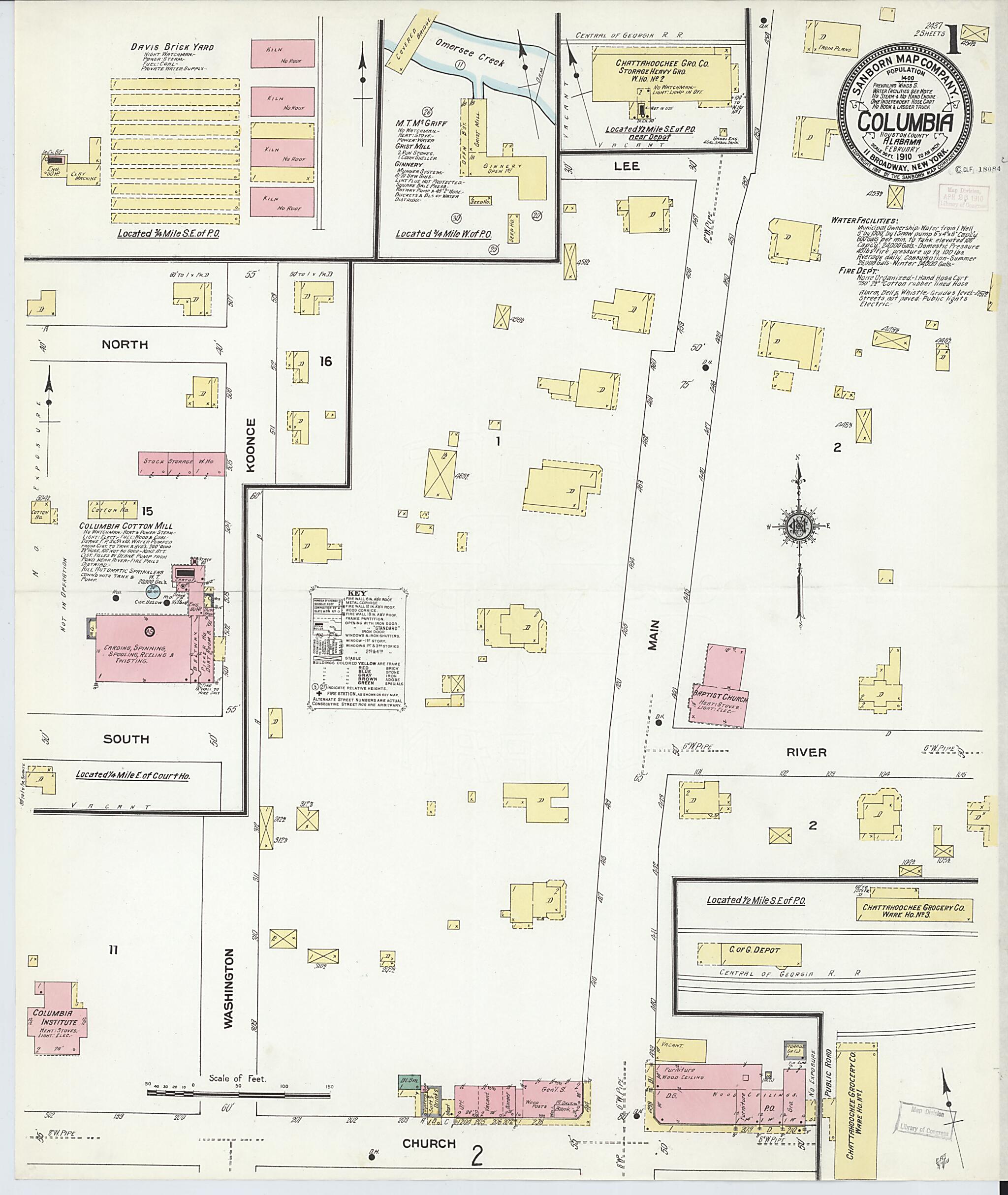 This old map of Columbia, Houston County, Alabama was created by Sanborn Map Company in 1910