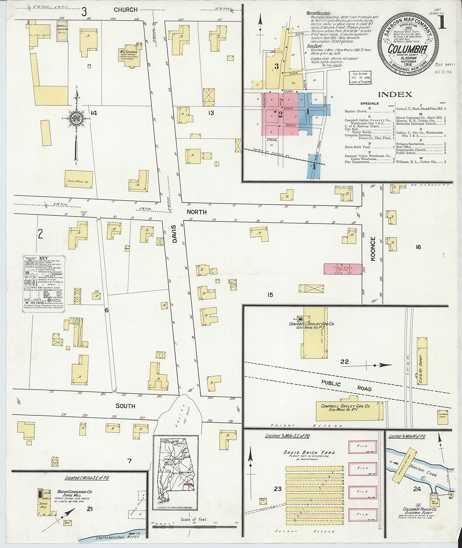 This old map of Columbia, Houston County, Alabama was created by Sanborn Map Company in 1916