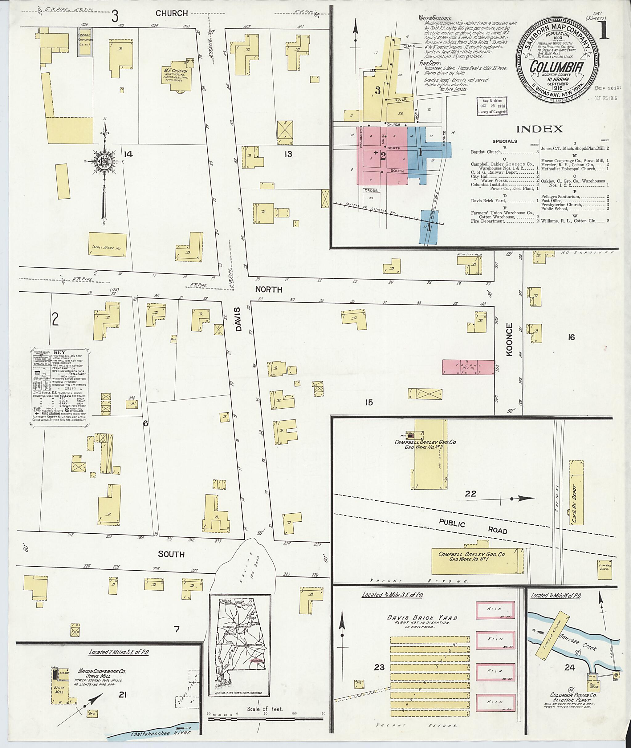 This old map of Columbia, Houston County, Alabama was created by Sanborn Map Company in 1916