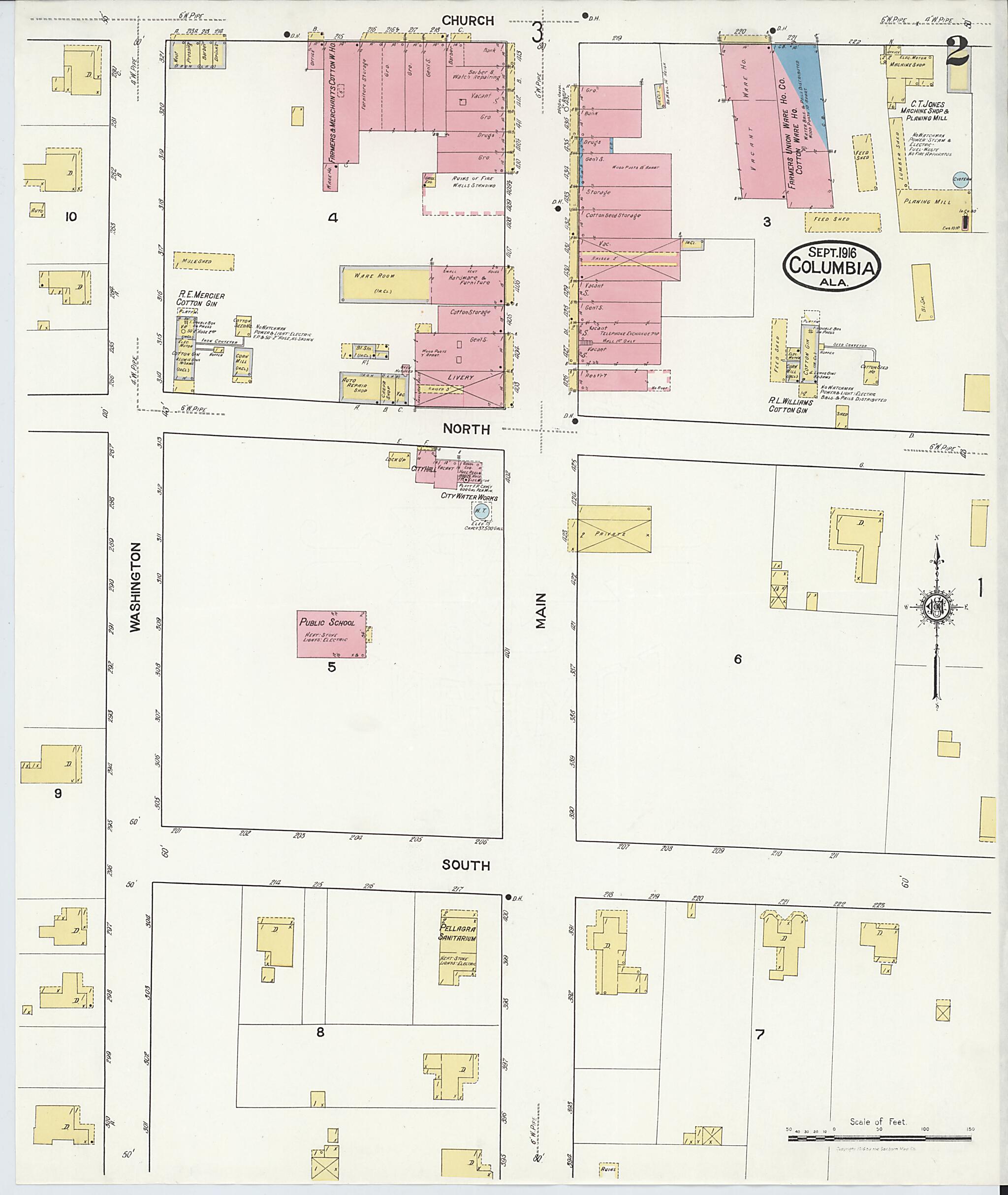 This old map of Columbia, Houston County, Alabama was created by Sanborn Map Company in 1916