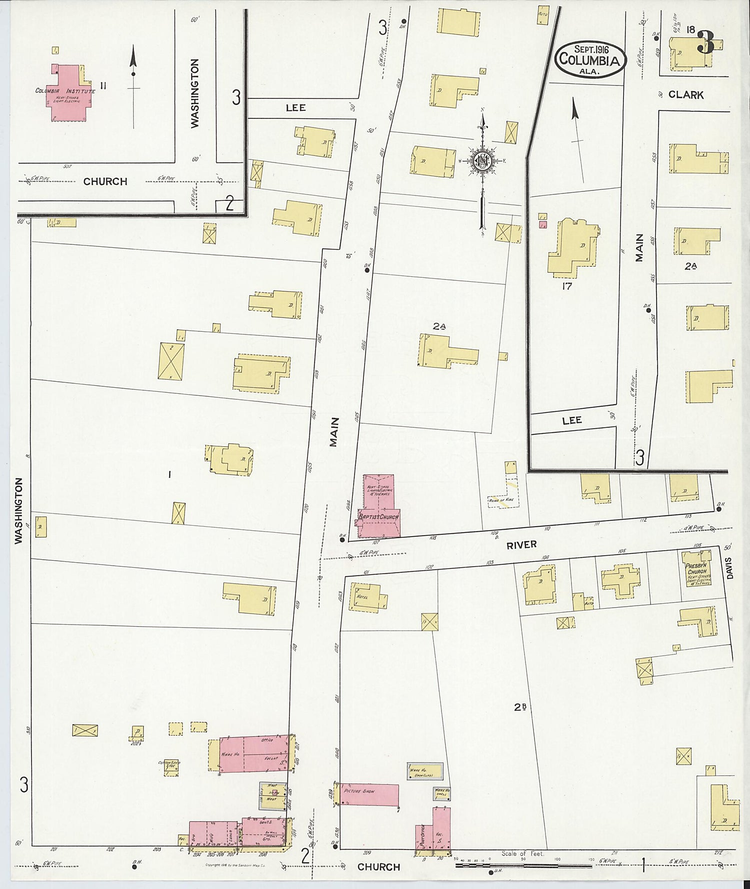 This old map of Columbia, Houston County, Alabama was created by Sanborn Map Company in 1916