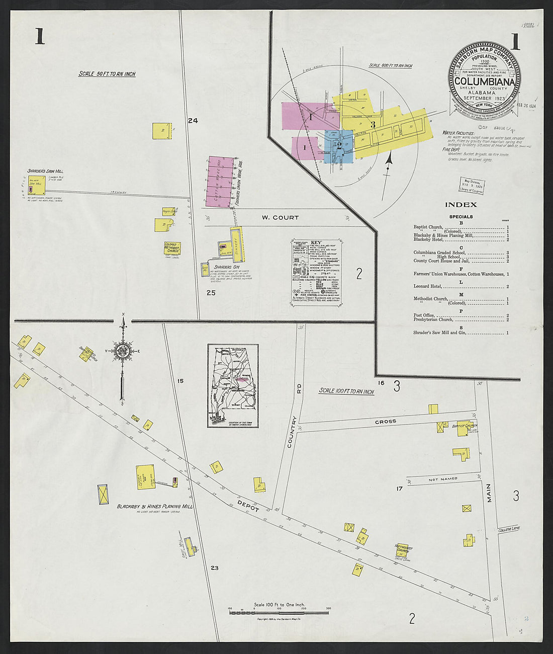 This old map of Columbiana, Shelby County, Alabama was created by Sanborn Map Company in 1923