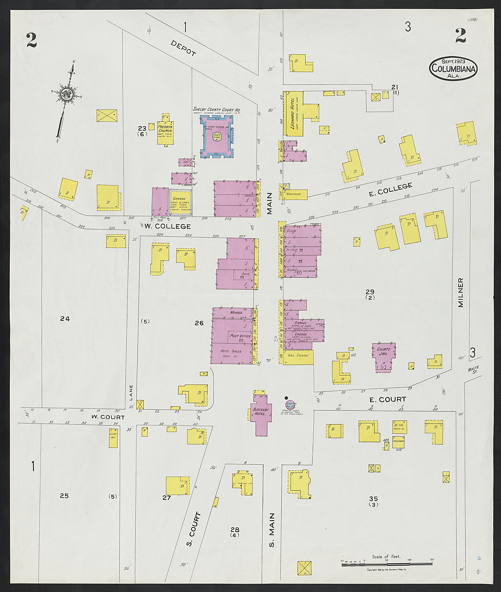 This old map of Columbiana, Shelby County, Alabama was created by Sanborn Map Company in 1923