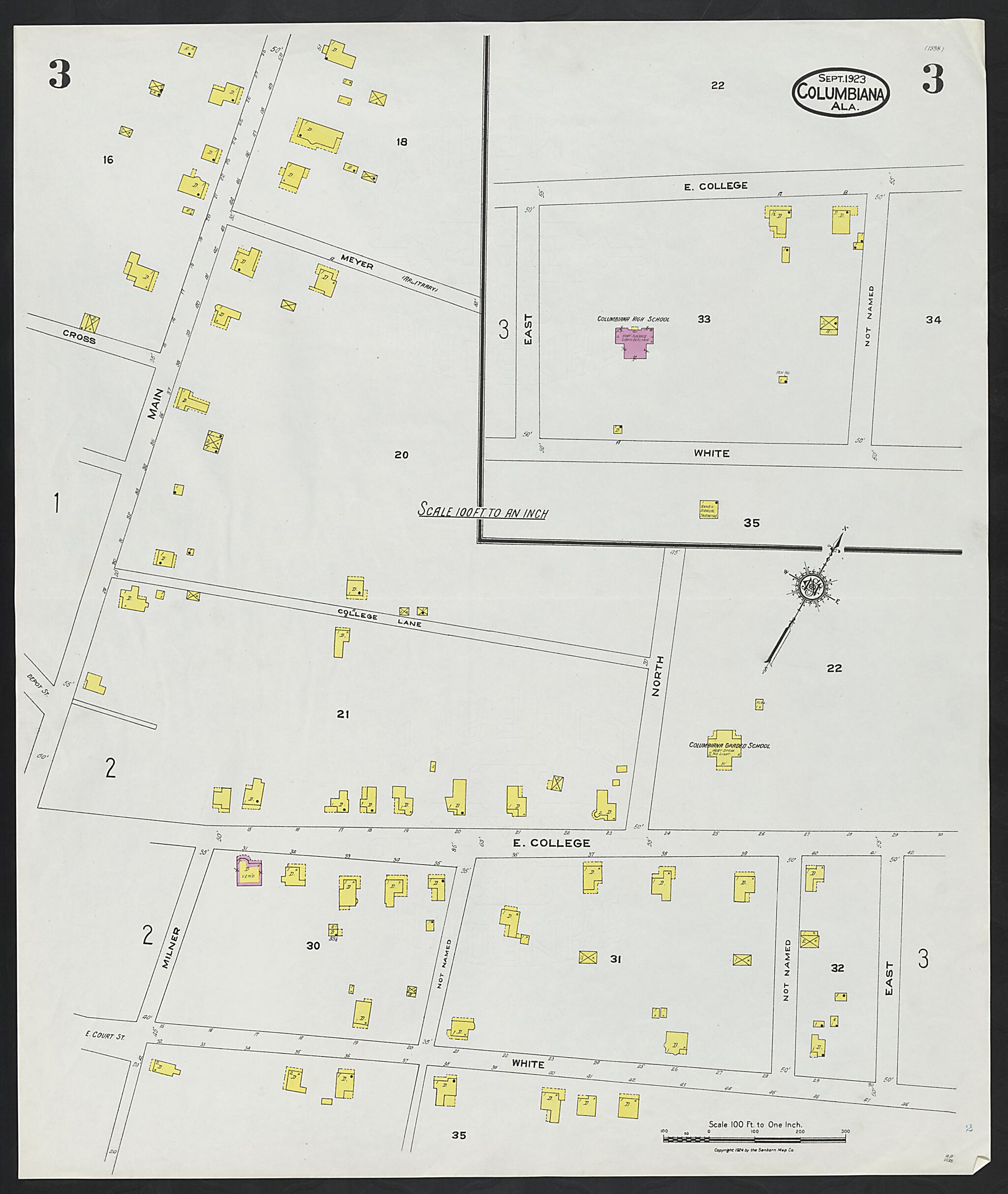 This old map of Columbiana, Shelby County, Alabama was created by Sanborn Map Company in 1923