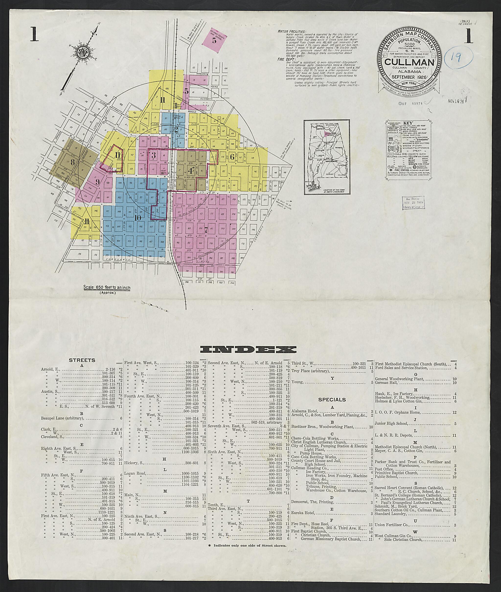 This old map of Cullman, Cullman County, Alabama was created by Sanborn Map Company in 1926