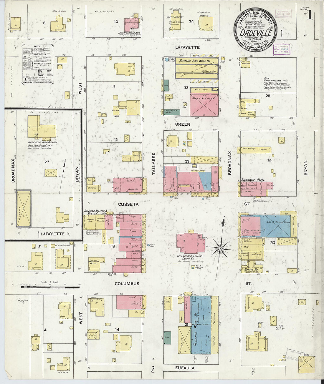 This old map of Dadeville, Tallapoosa County, Alabama was created by Sanborn Map Company in 1909