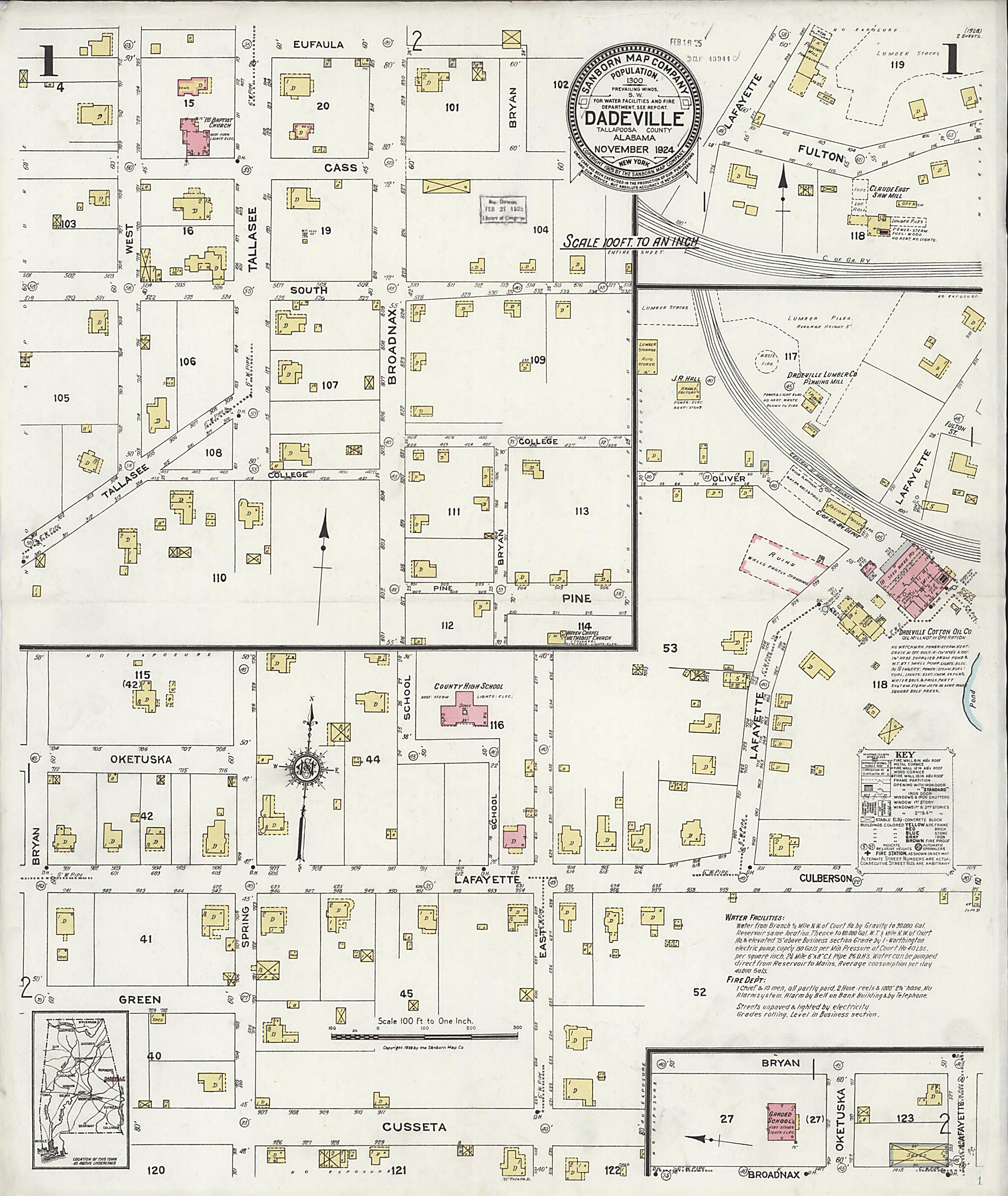 This old map of Dadeville, Tallapoosa County, Alabama was created by Sanborn Map Company in 1924