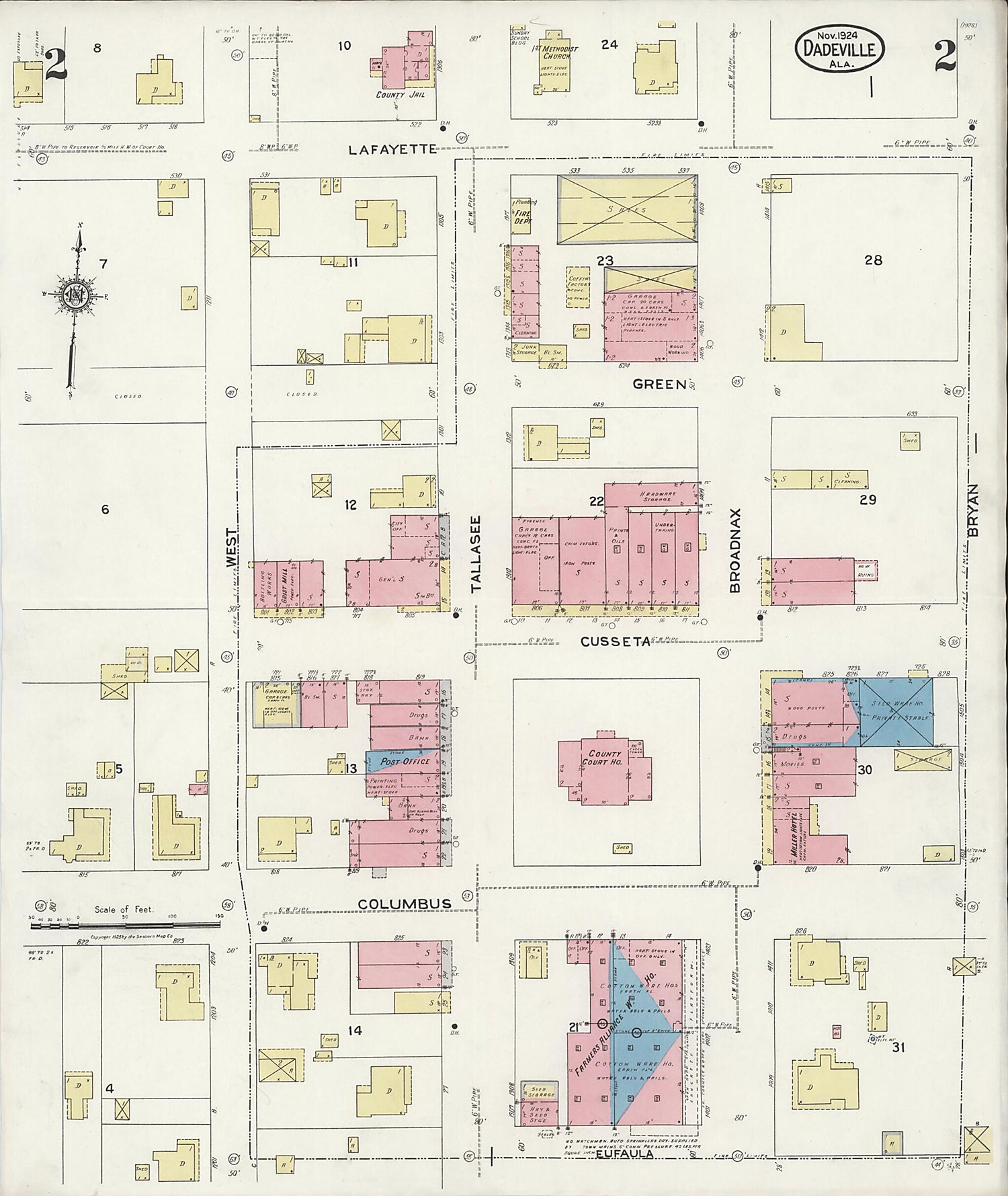 This old map of Dadeville, Tallapoosa County, Alabama was created by Sanborn Map Company in 1924