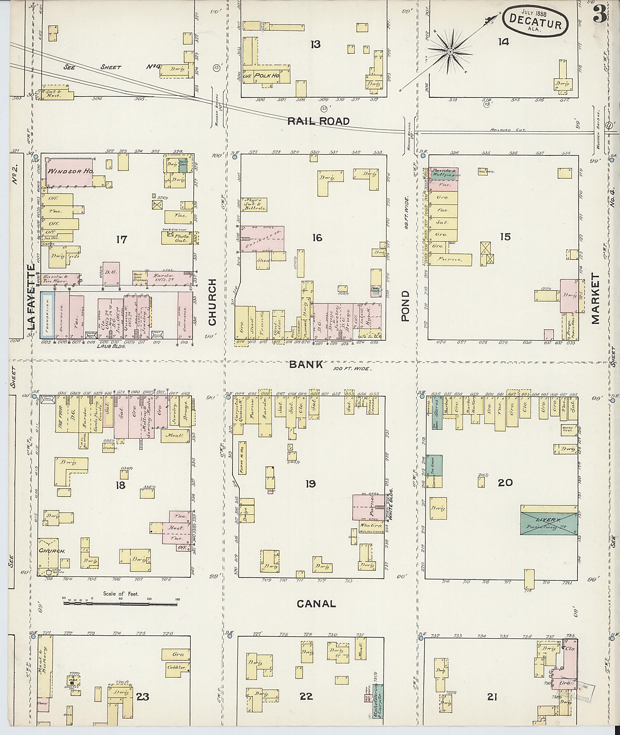 This old map of New Decatur, Morgan County, Alabama was created by Sanborn Map Company in 1888