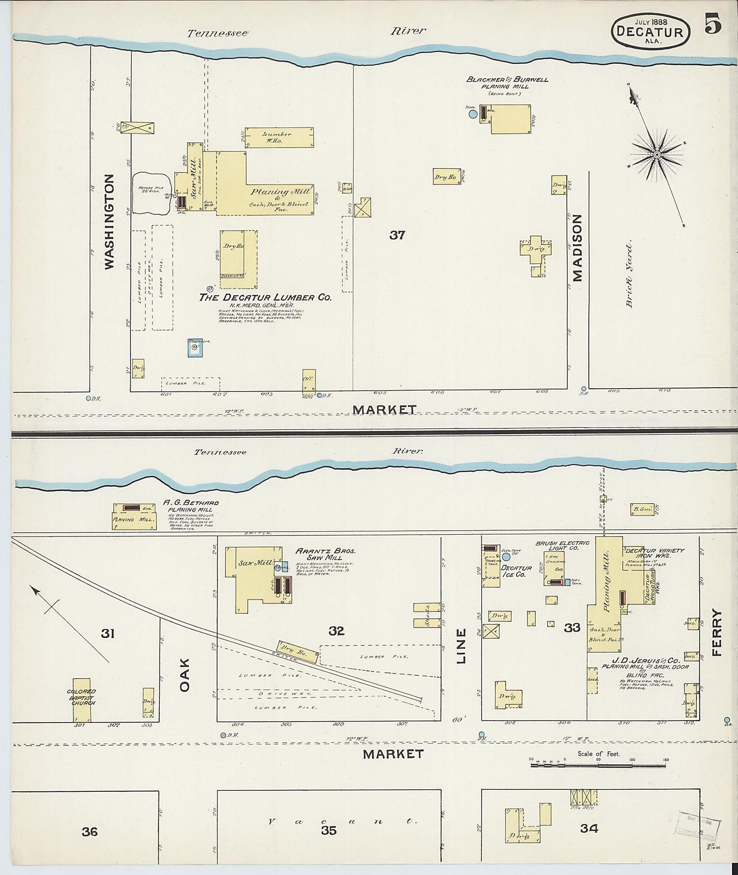 This old map of New Decatur, Morgan County, Alabama was created by Sanborn Map Company in 1888