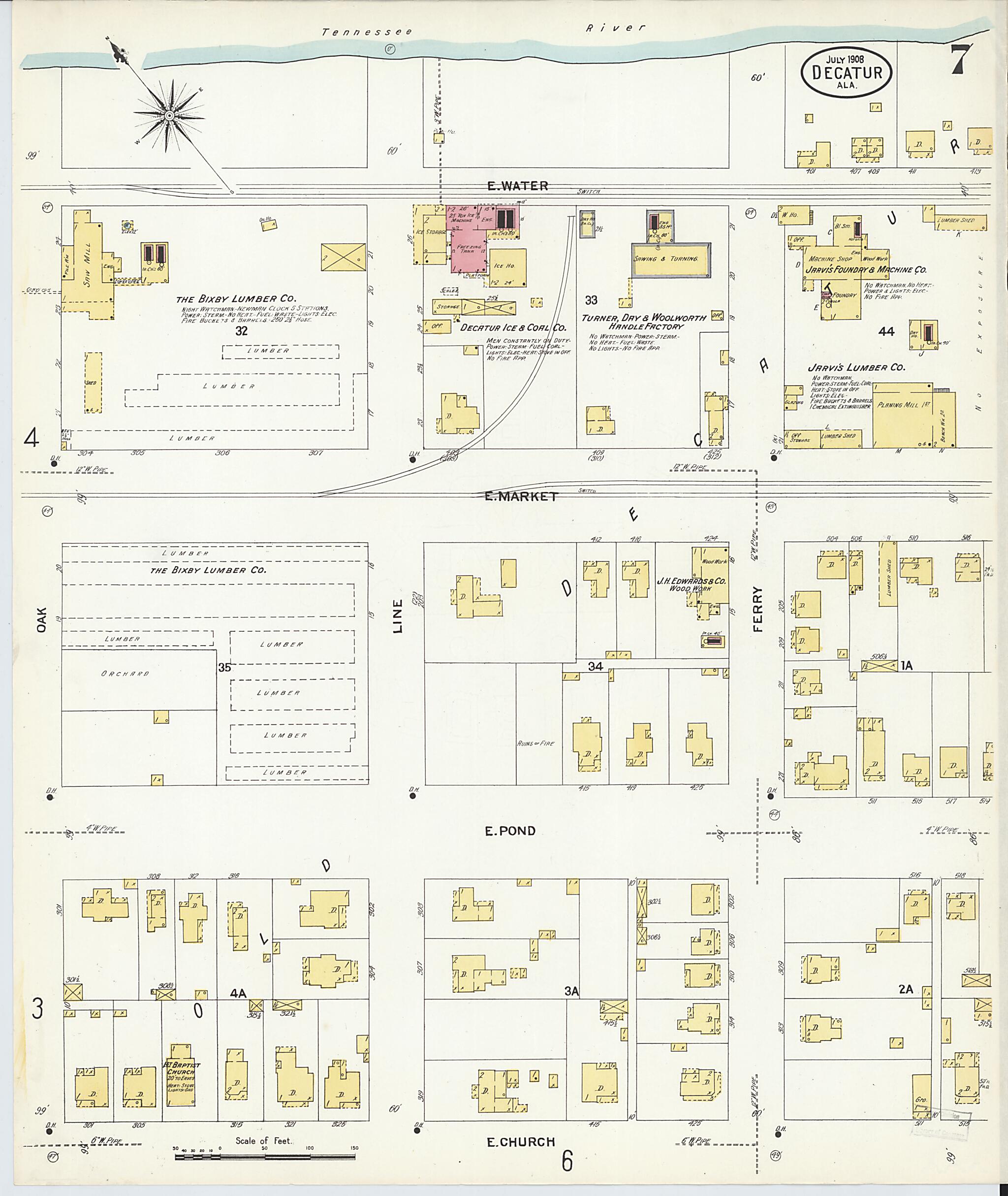 This old map of New Decatur, Morgan County, Alabama was created by Sanborn Map Company in 1908