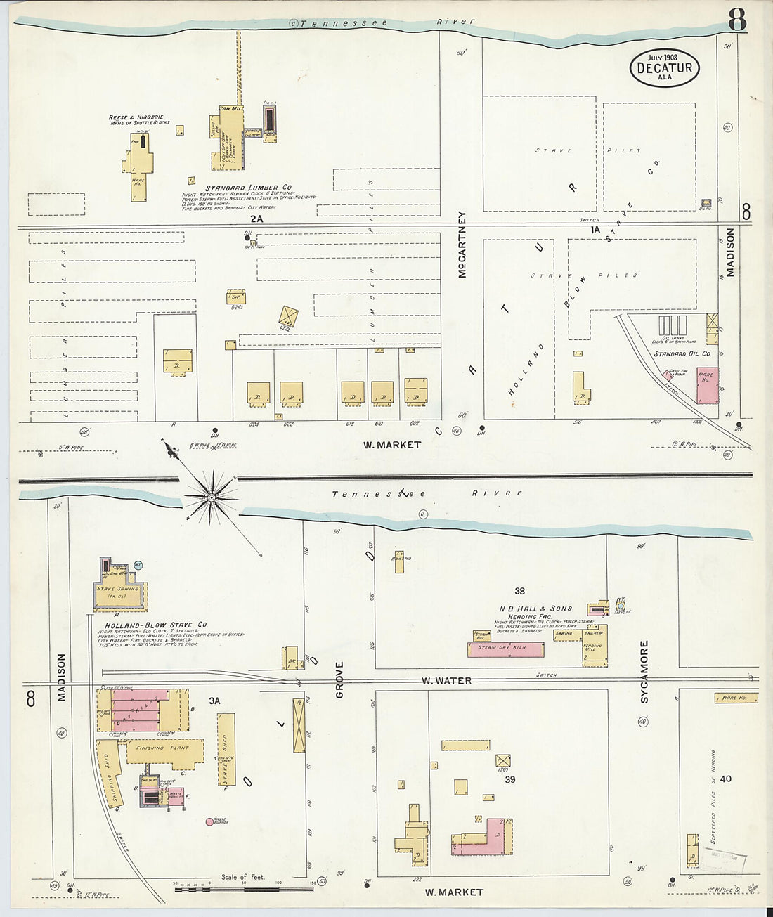 This old map of New Decatur, Morgan County, Alabama was created by Sanborn Map Company in 1908