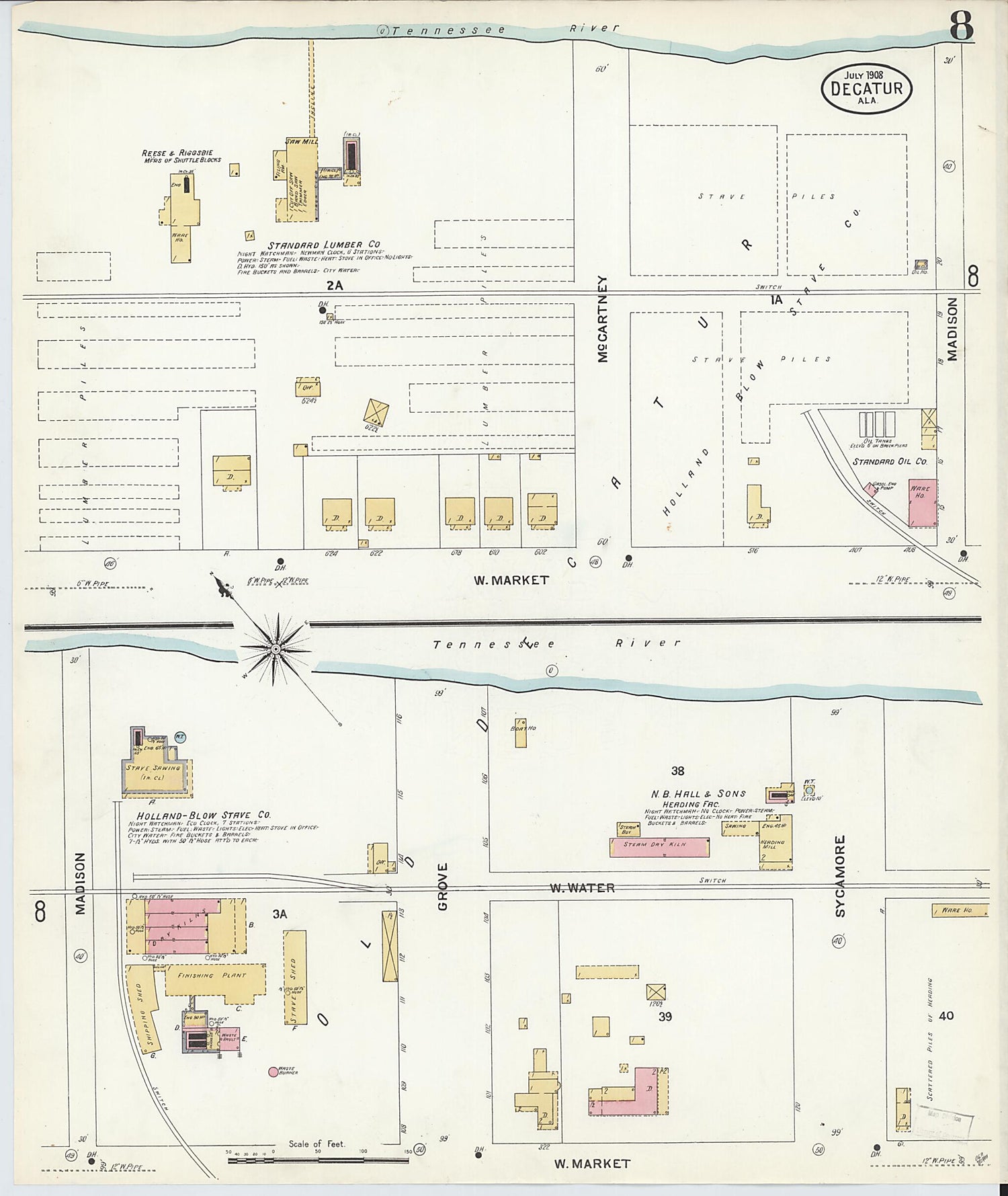 This old map of New Decatur, Morgan County, Alabama was created by Sanborn Map Company in 1908